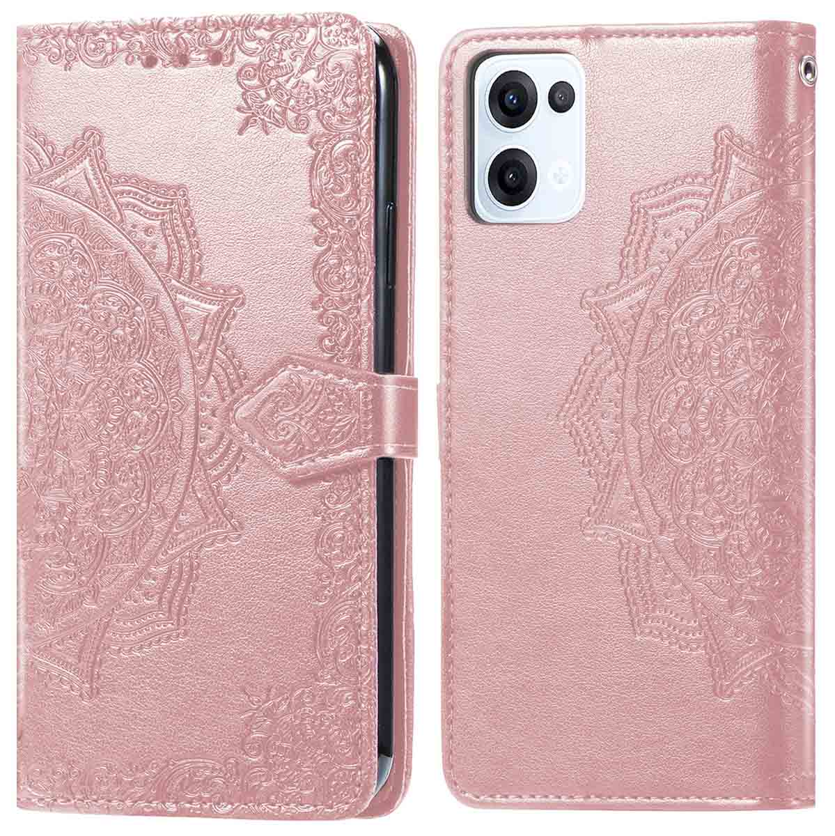 Roze telefoonhoesje met reliëf mandala-ontwerp. Opent om telefoon en kaartsleuven te tonen.