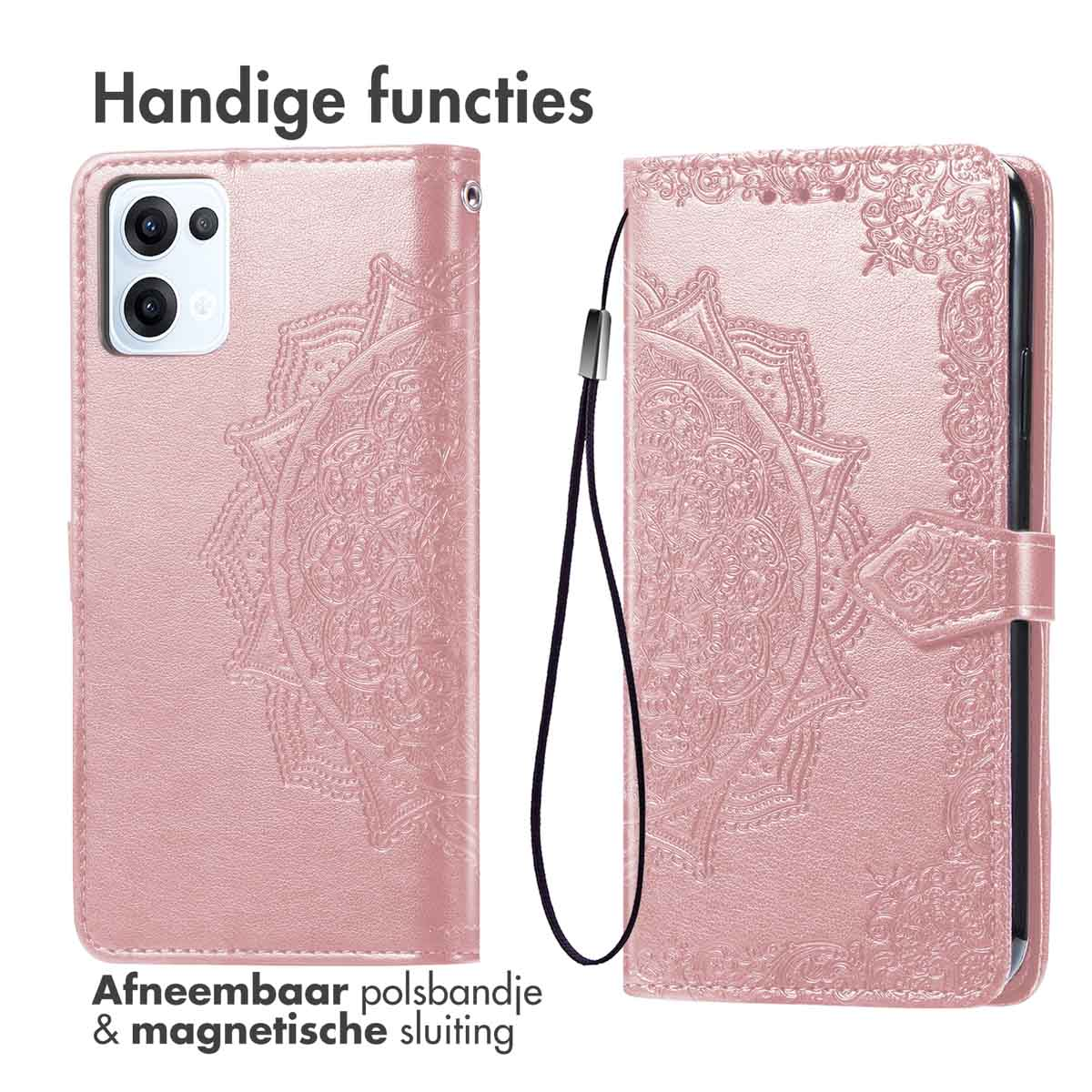 Roze telefoonhoesje, open om telefoon en kaartsleuven te tonen. Afneembare polsband en magnetische sluiting.