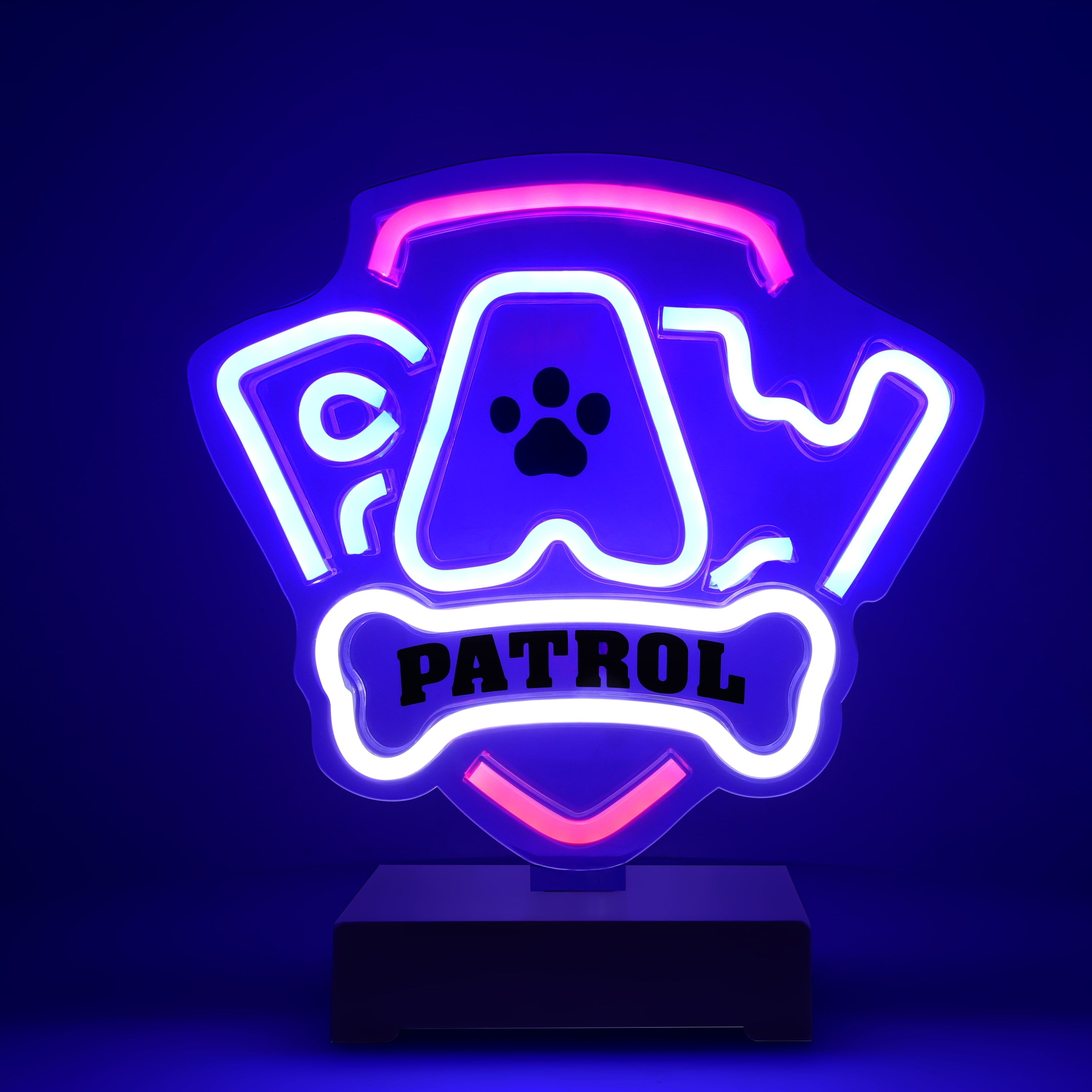 Neonowe logo Paw Patrol, z niebieskim i różowym obrysem oraz napisem 'Paw Patrol' pod odciskiem łapy.