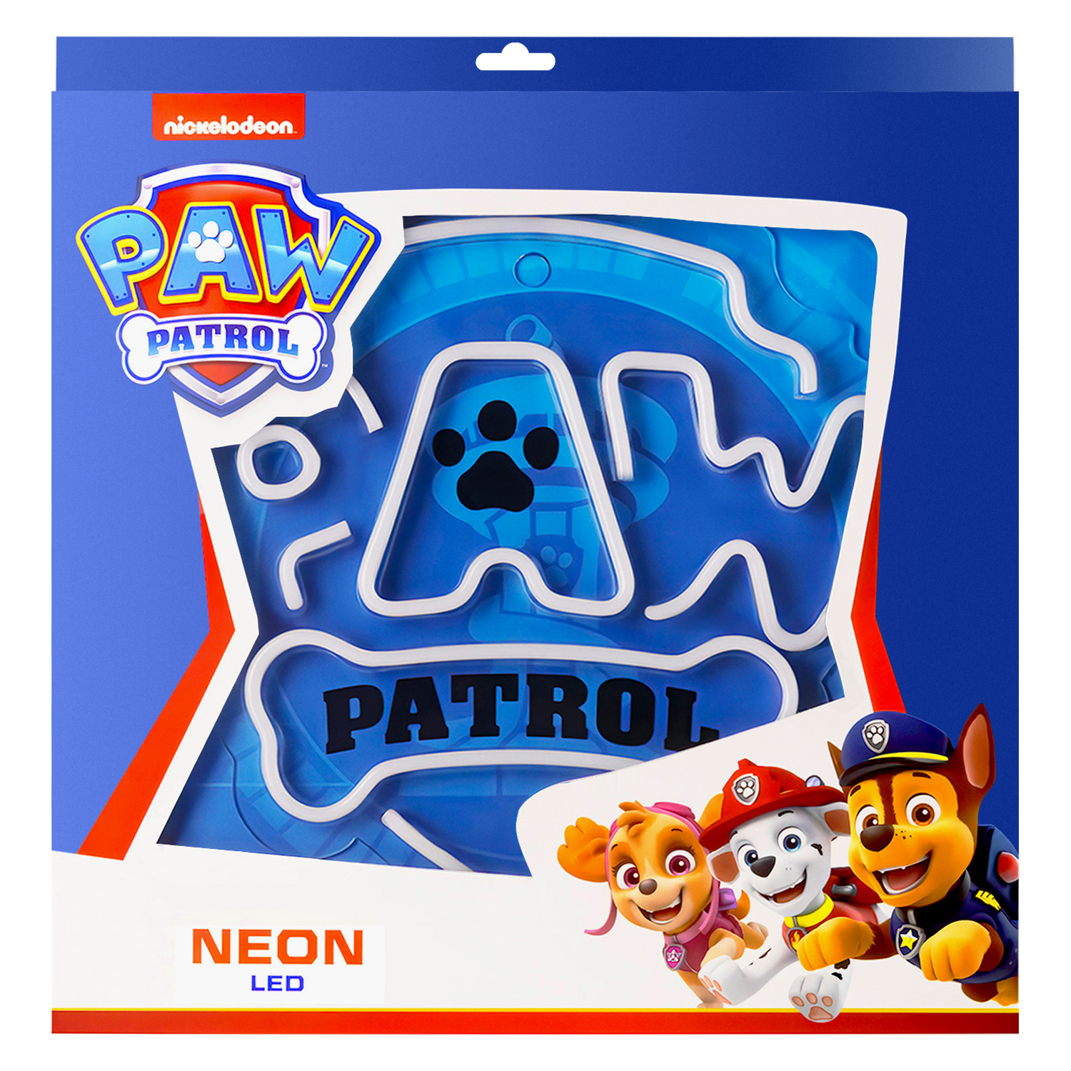 Opakowanie neonu Paw Patrol. Kolory niebieski i biały. Postacie z kreskówek na dole.