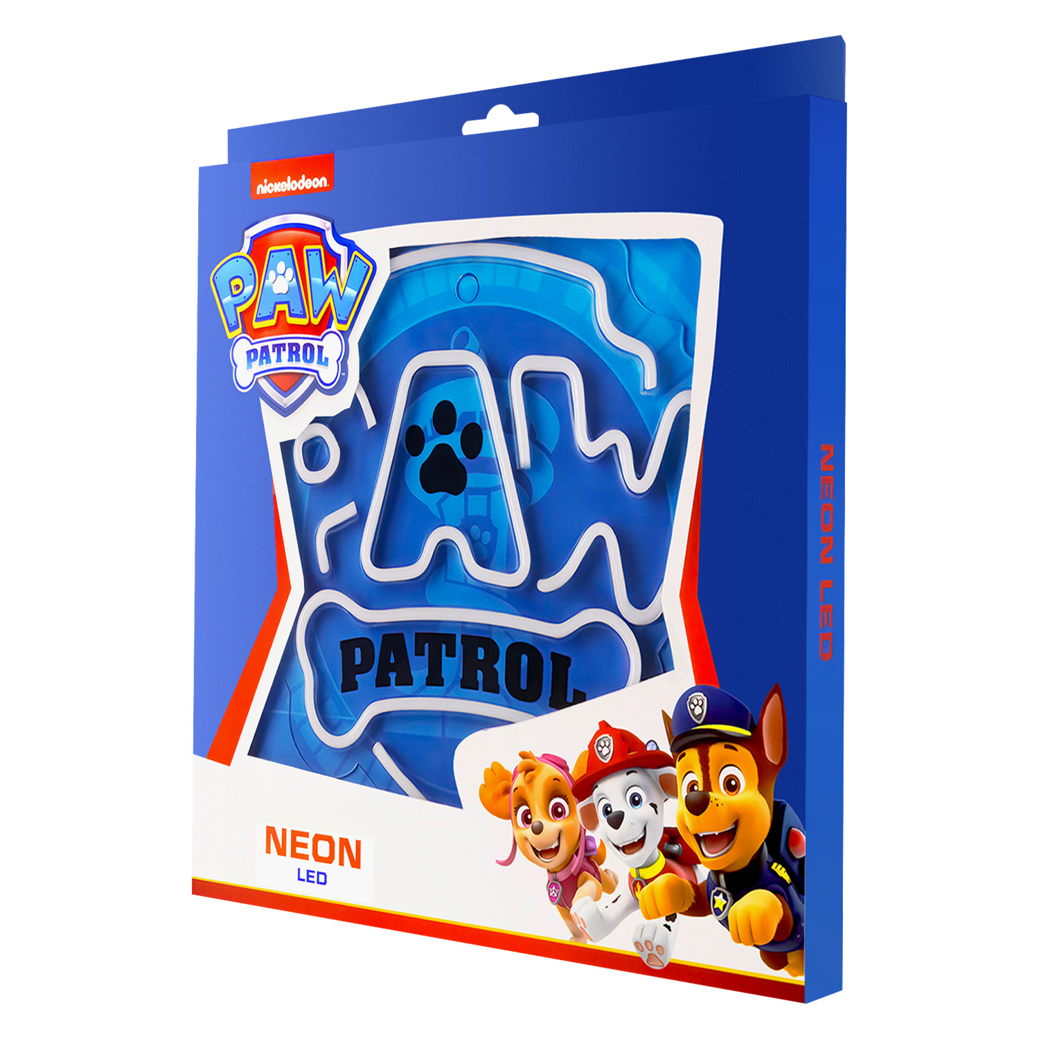 Pudełko z neonem Paw Patrol z postaciami na froncie.