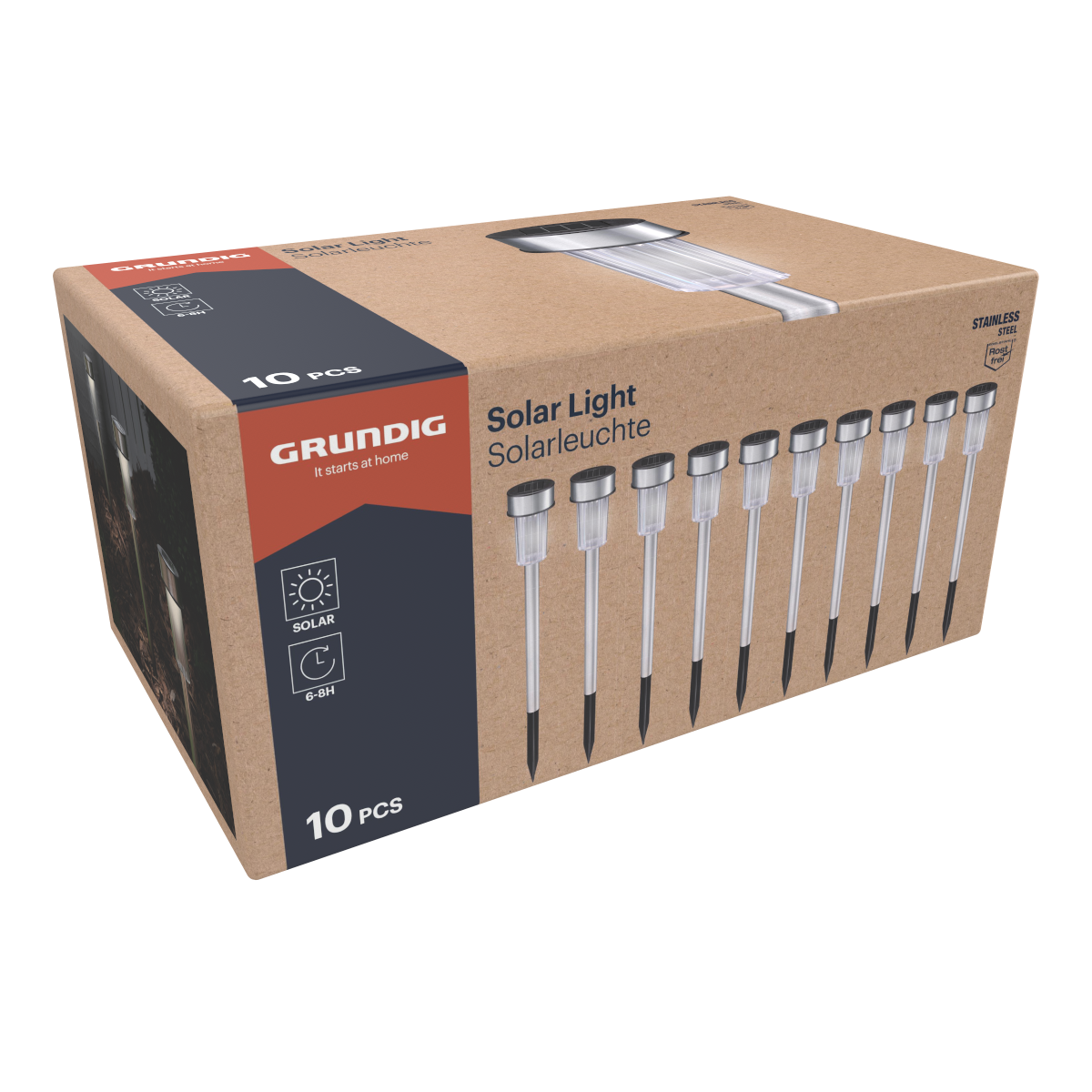 Een doos met zonne-verlichting, met de tekst 'Solar Light' en het merk 'Grundig' zichtbaar.