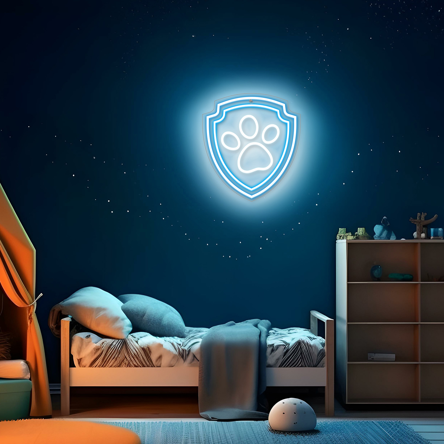 Neonowa tarcza Paw Patrol na ścianie nad łóżkiem z gwiazdami.