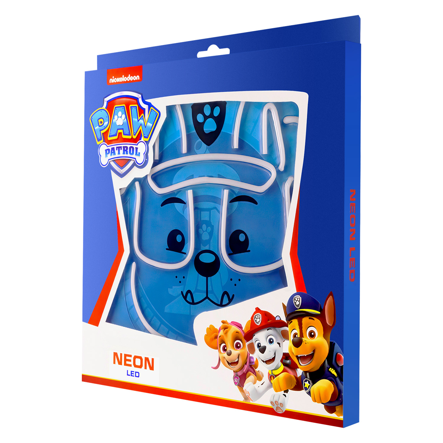 Niebieskie neonowe światło Paw Patrol, zapakowane z postaciami z serialu na pudełku.