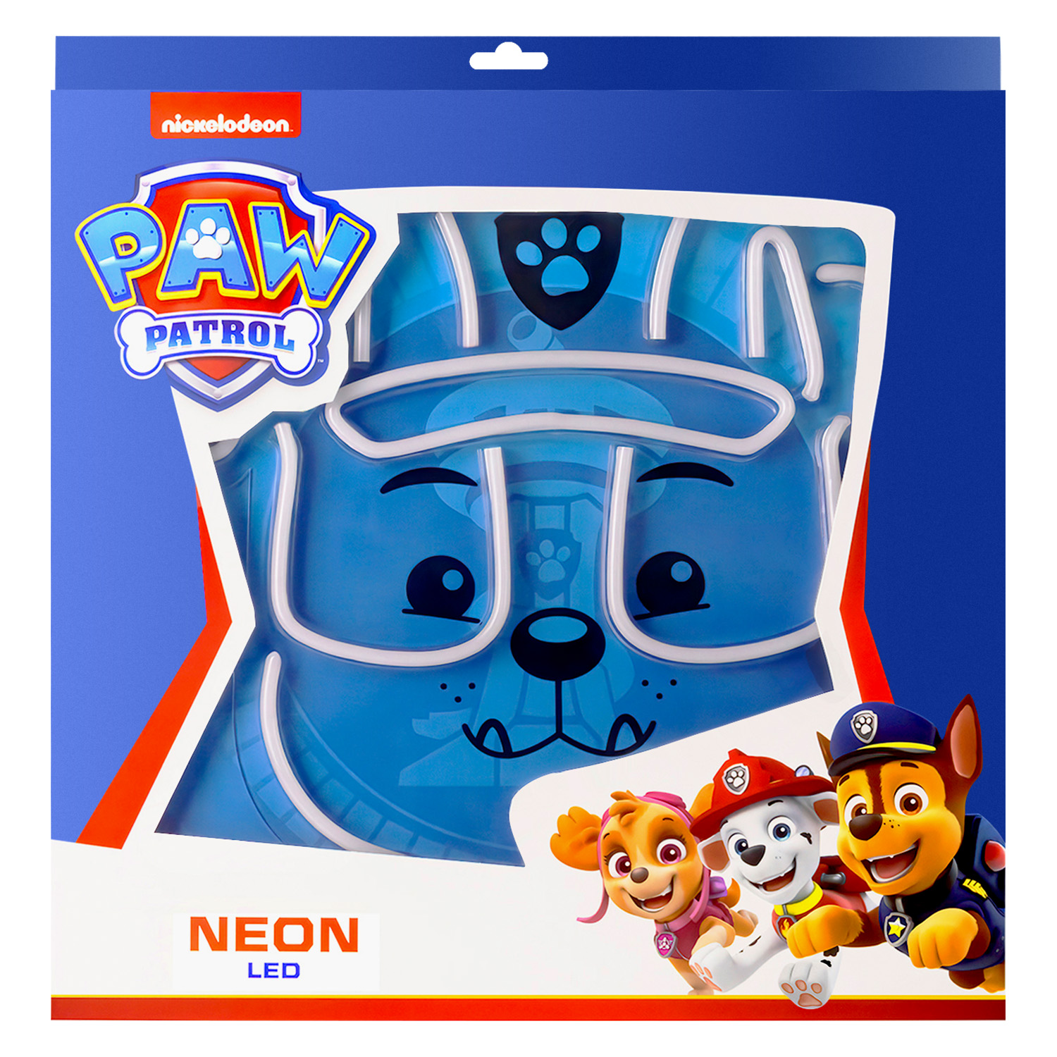 Niebieska neonowa lampa LED Paw Patrol w pudełku, z postaciami na dole.