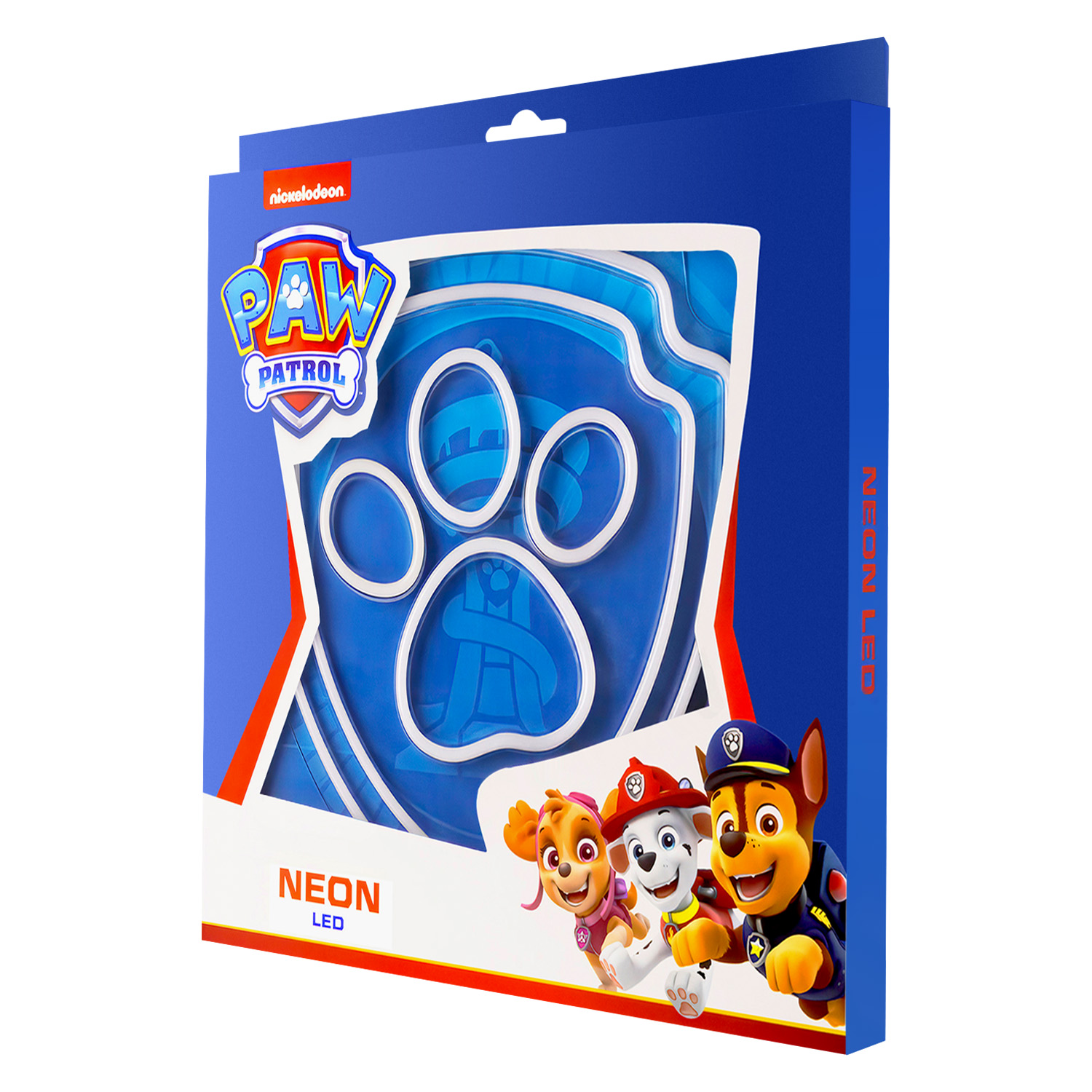 Niebieska neonowa lampa LED Paw Patrol w pudełku, z postaciami na dole.