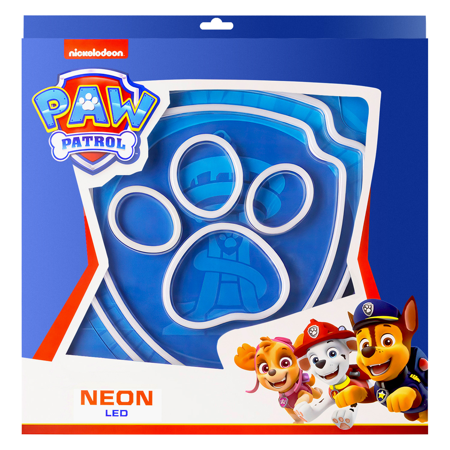 Niebieska neonowa tarcza Paw Patrol zapakowana z postaciami.