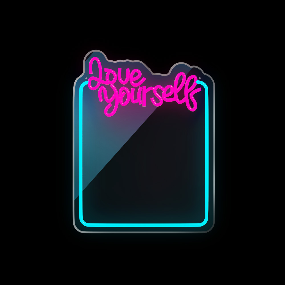 Letrero de neón con texto "Love Yourself", fondo negro.