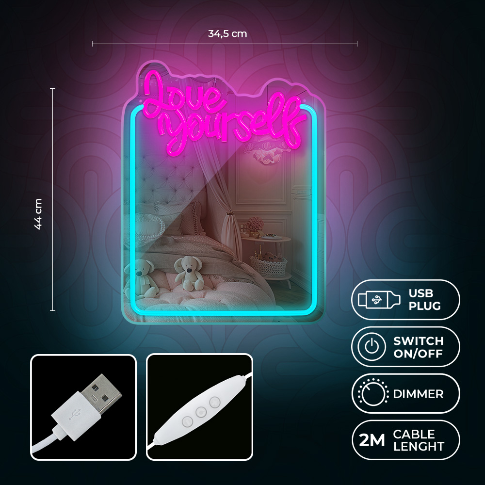 Letrero neón con texto 'Love Yourself', mostrando un dormitorio. Detalles de USB, interruptor, atenuador.
