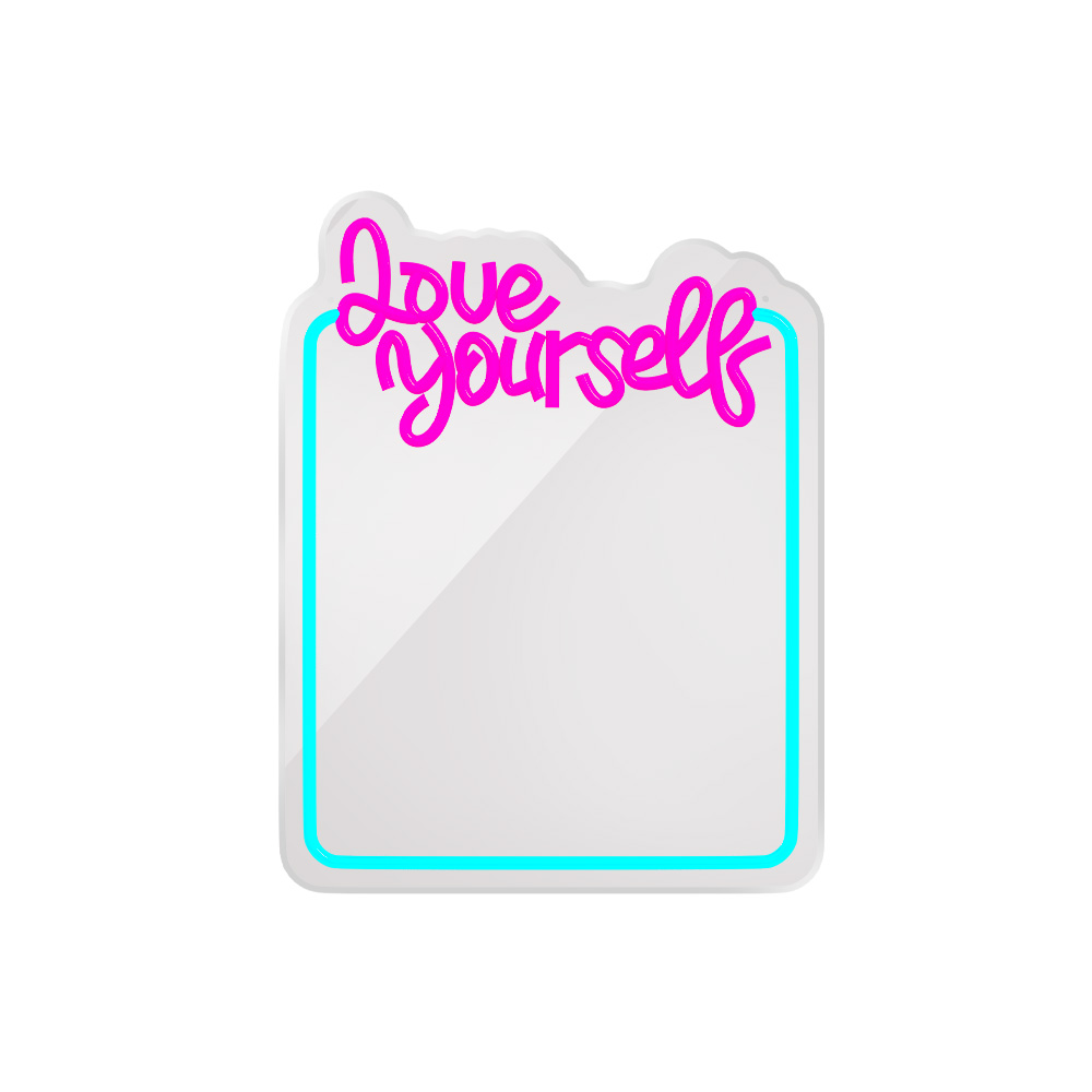 Letrero de neón con "Love Yourself" sobre fondo blanco.