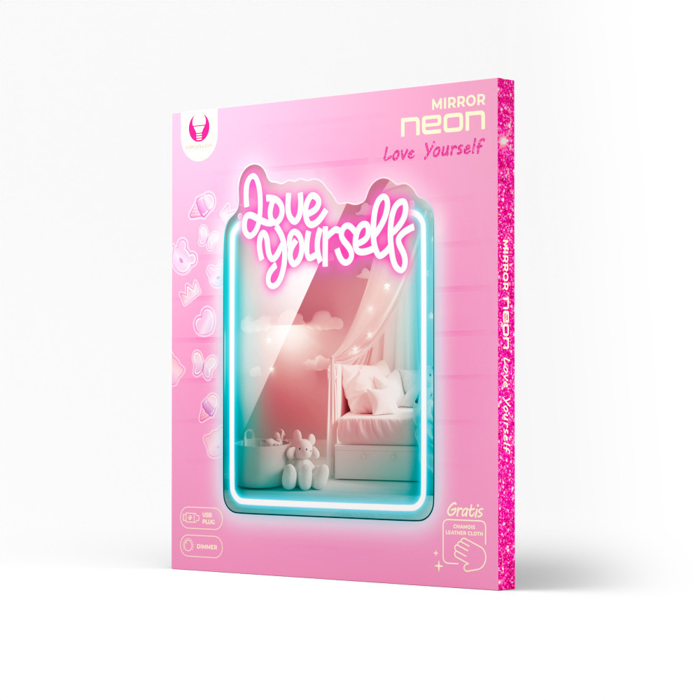 Scatola rosa con specchio neon 'Love Yourself' e scena della camera da letto, più panno in pelle 'Gratis'.