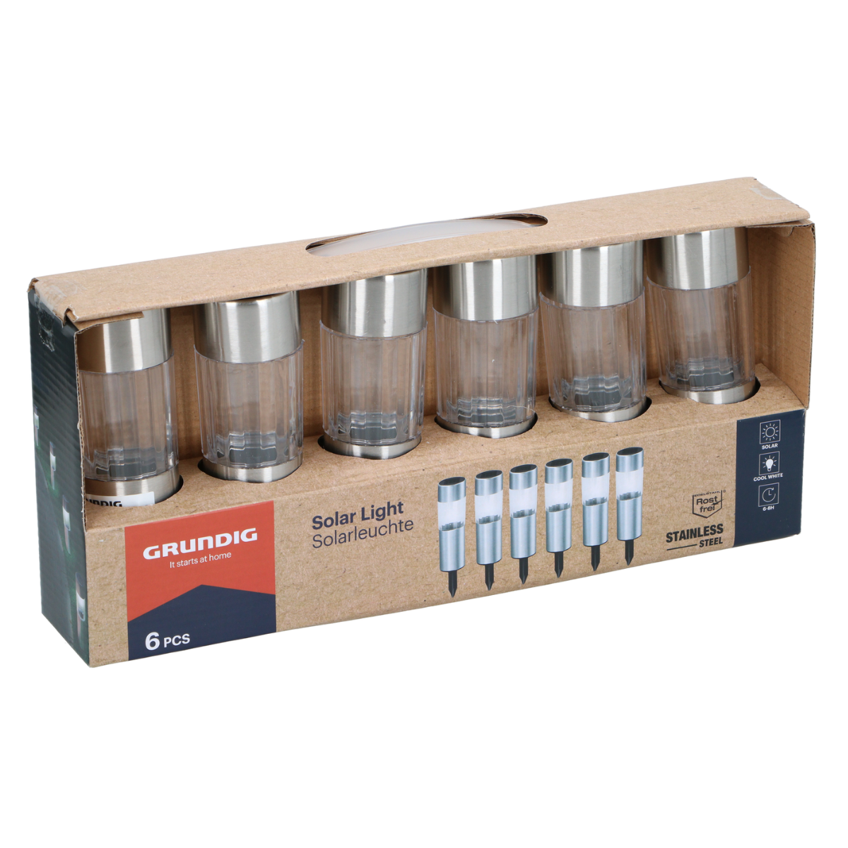 Doos met zonne-energieverlichting, zes stuks, roestvrijstalen afwerking.