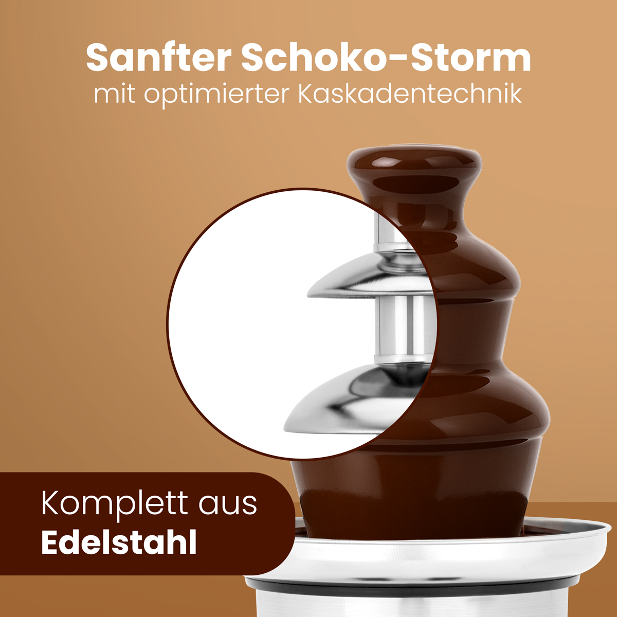 Fontanna czekoladowa z tekstem w języku niemieckim. Fontanna ma srebrną podstawę i kaskadową czekoladę.