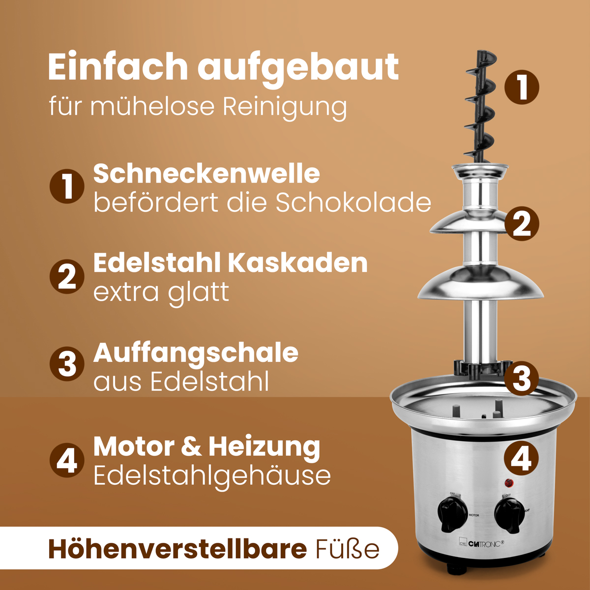 Fontanna czekoladowa z ponumerowanymi częściami. Fontanna jest srebrna i brązowa, z tekstem po niemiecku.