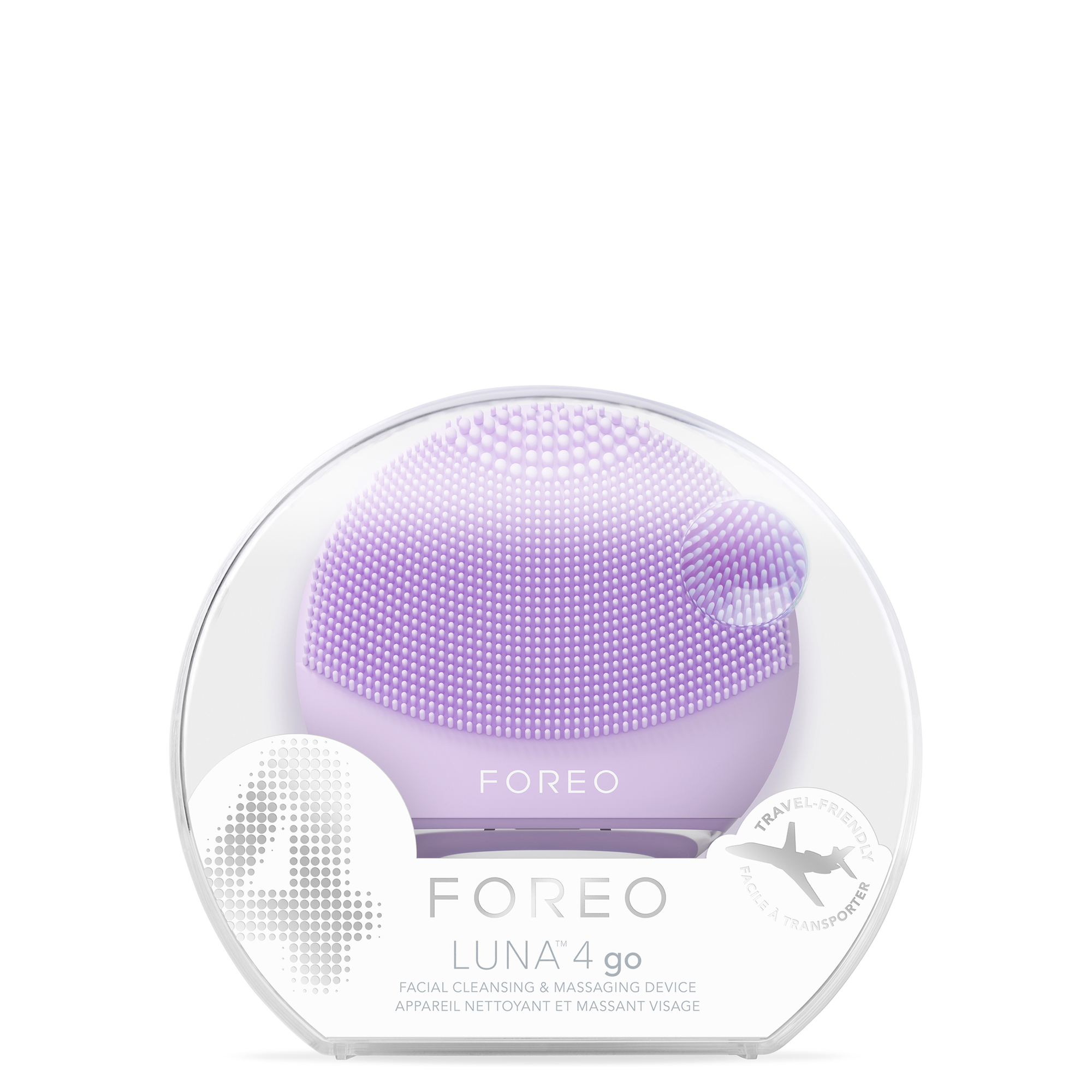 Foreo Luna 4 go facial cleansing device in a clear plastic case.