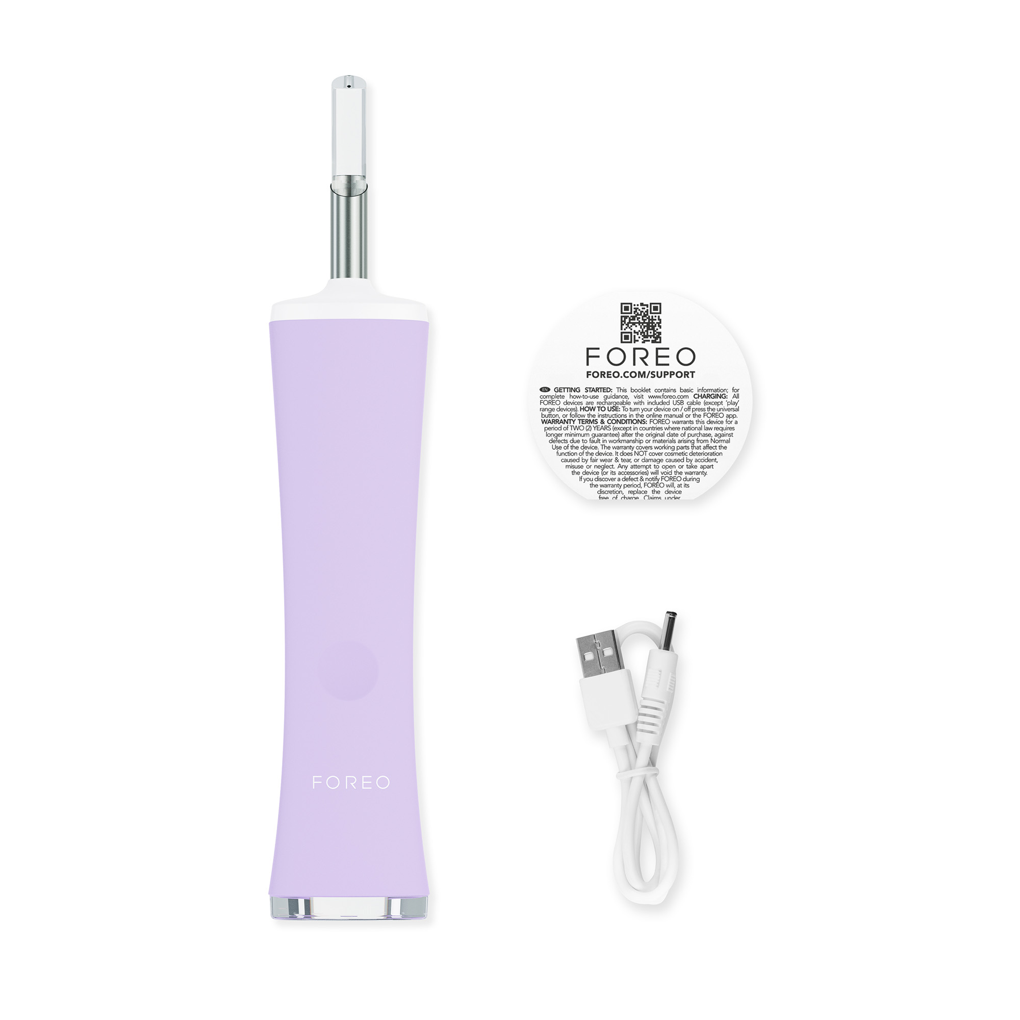 Purple device, cable, and instructions. White background.