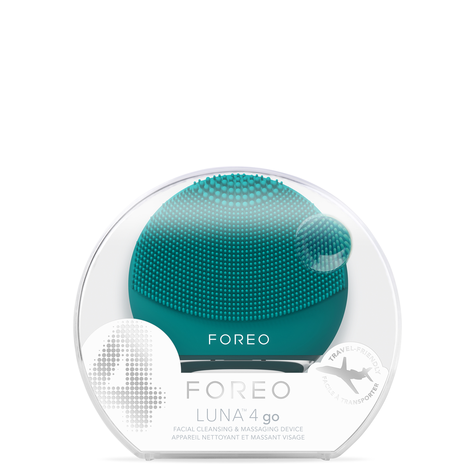Teal beauty device in a clear plastic case. White background.