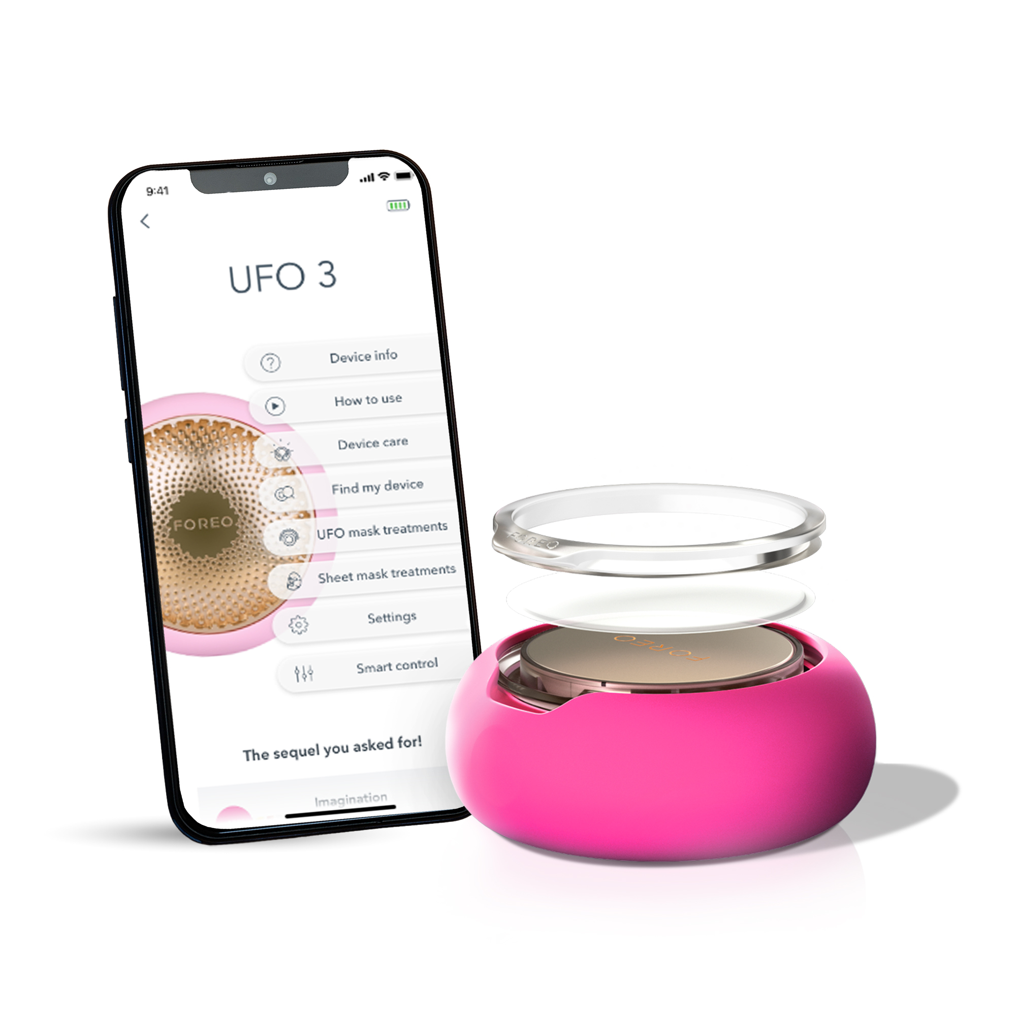 Pink skincare device and phone. Phone displays device info. White background.