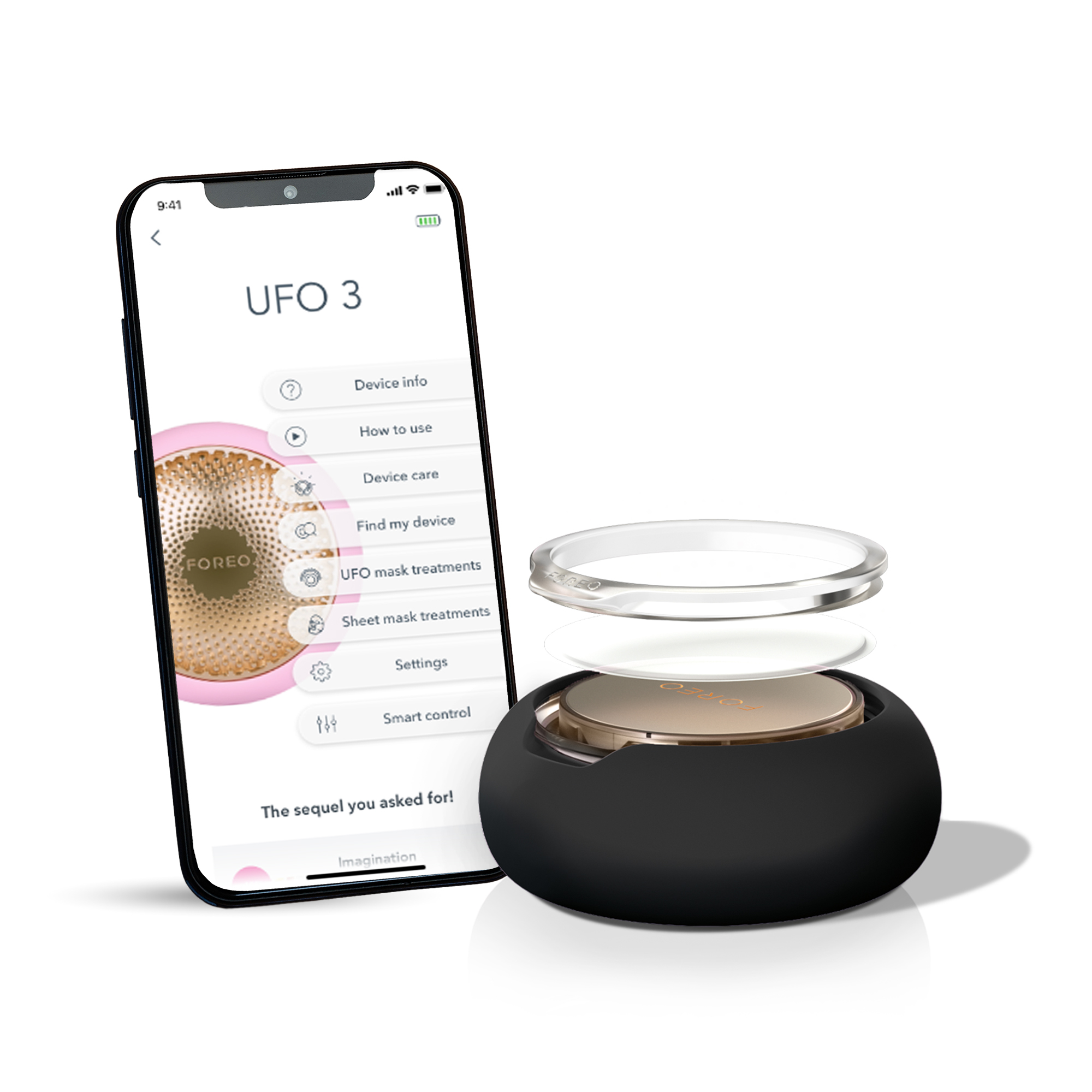 Zwart huidverzorgingsapparaat en telefoon. Telefoon toont apparaatinformatie. Witte achtergrond.