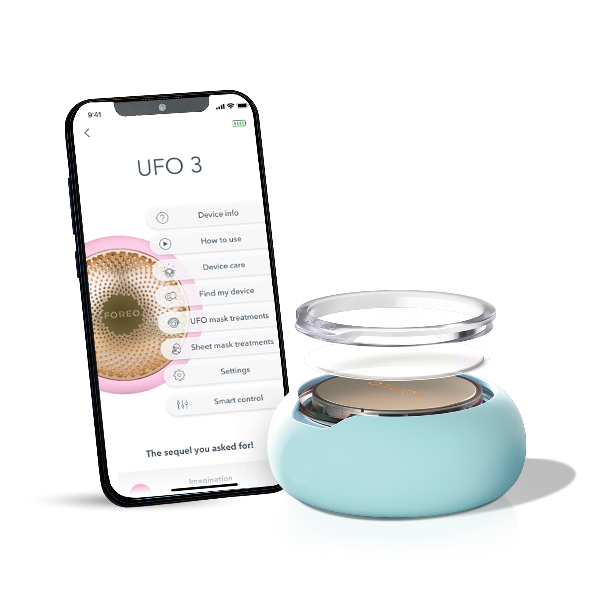 Een telefoon toont een app met apparaatinformatie en een blauw-goudkleurig gezichtsapparaat.