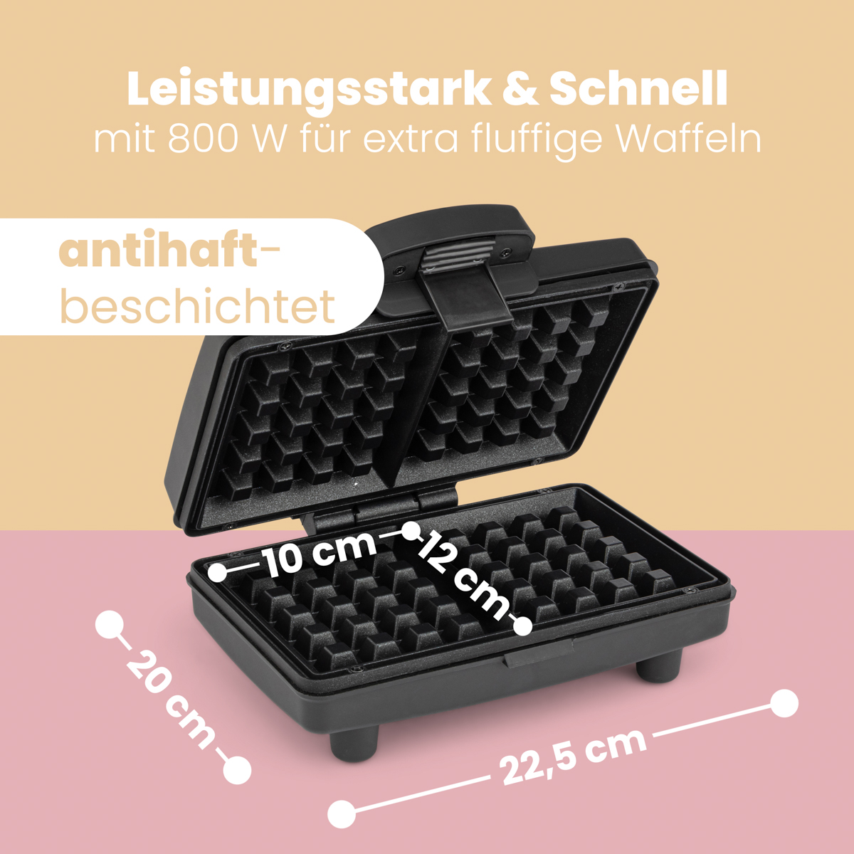 Gofrownica z wymiarami i tekstem: 'Powłoka nieprzywierająca' na beżowym tle.