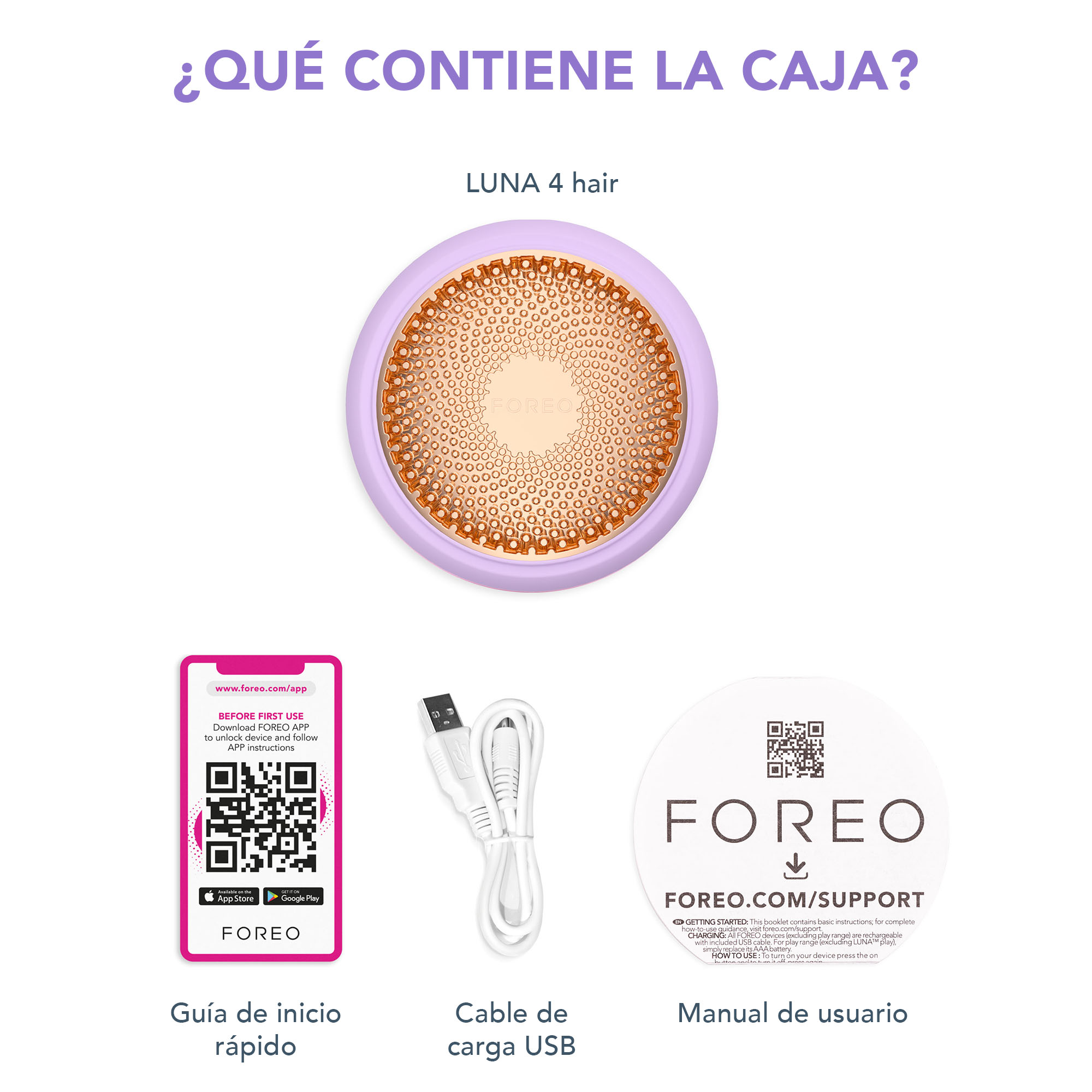Foreo Luna 4 haarapparaat, USB-kabel, snelstartgids en gebruikershandleiding op wit.