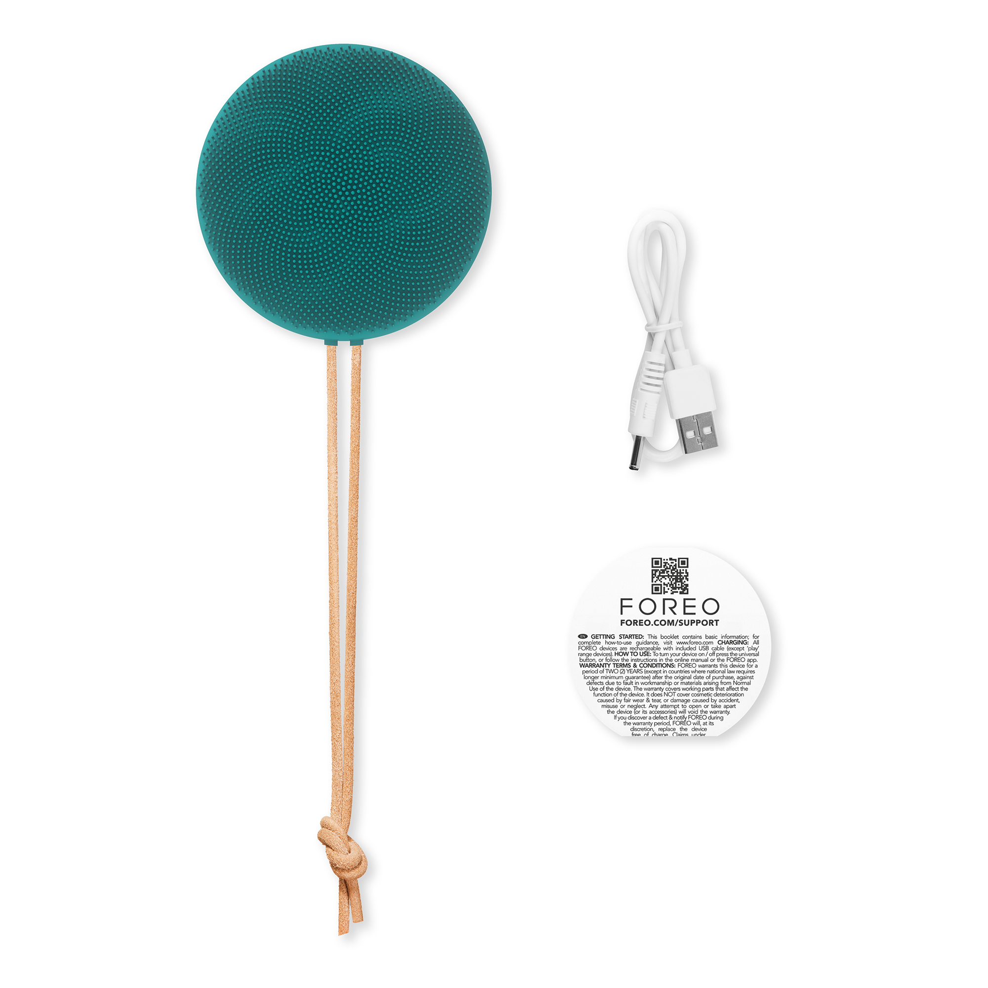 Teal Foreo-apparaat met een houten handvat, USB-kabel en een ondersteuningsgids.