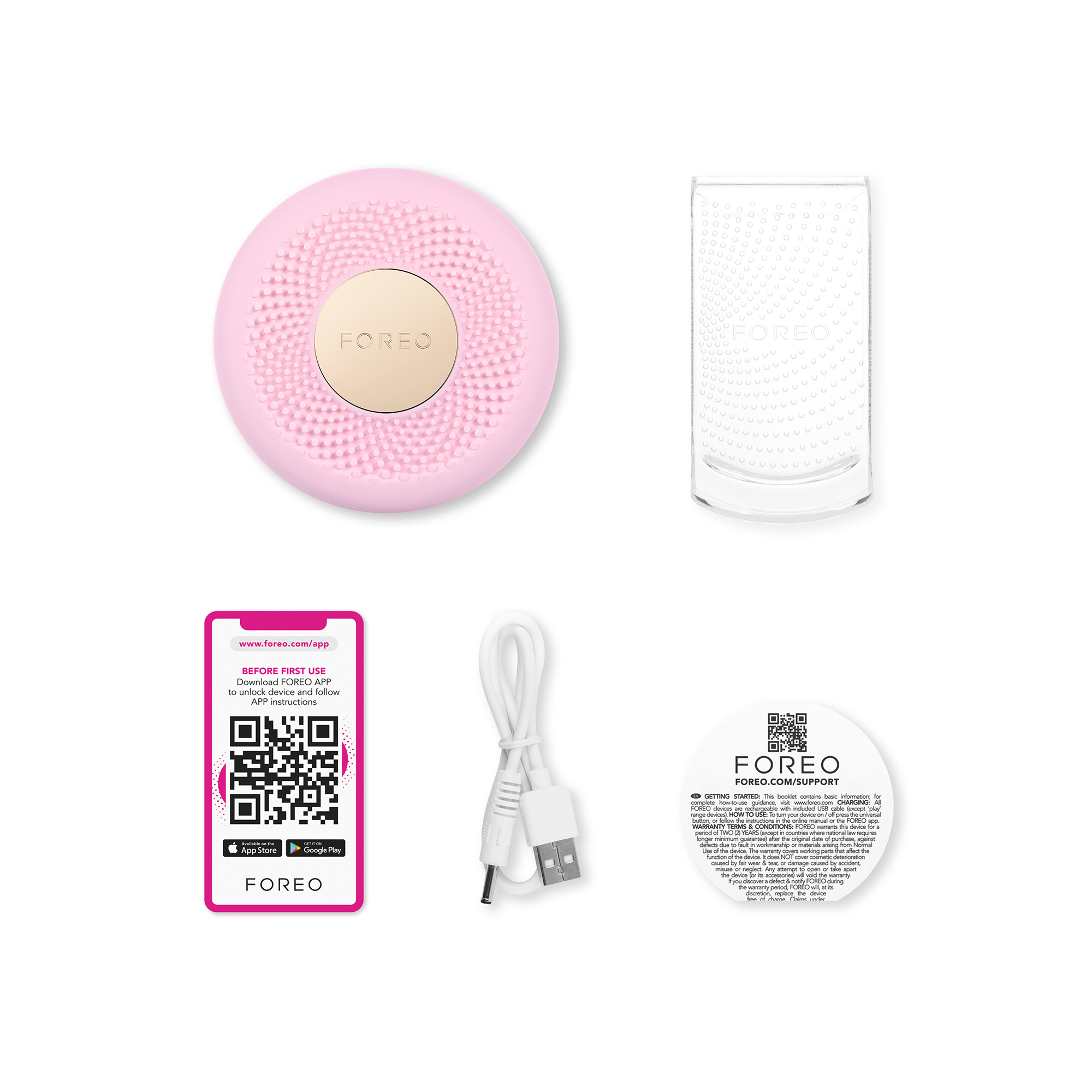 Roze Foreo gezichtsreiniger en accessoires. Inclusief oplader, QR-code en standaard.