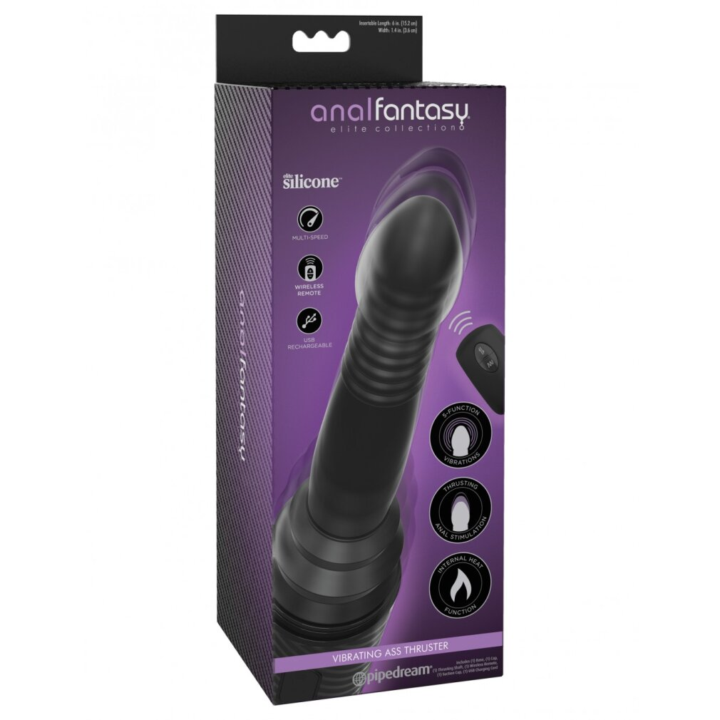 Ein schwarzer Vibrator mit Fernbedienung. Die Verpackung enthält Etiketten und Illustrationen. Lila Box.