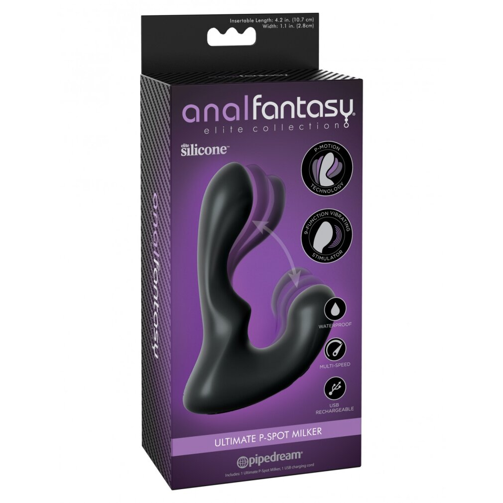 Verpackter schwarzer Vibrator mit Text und Symbolen. Weißer Hintergrund.