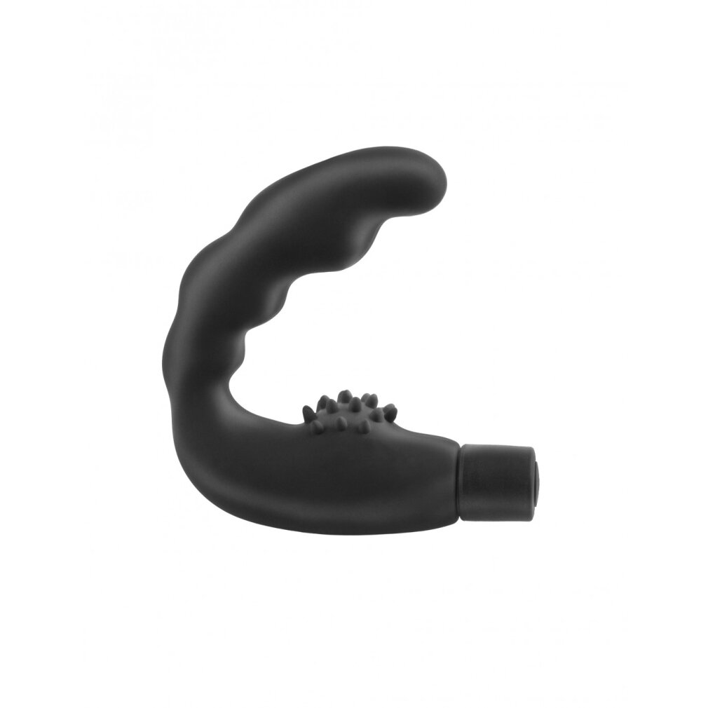 Schwarzer Vibrator, gebogene Form mit Noppen. Weißer Hintergrund.