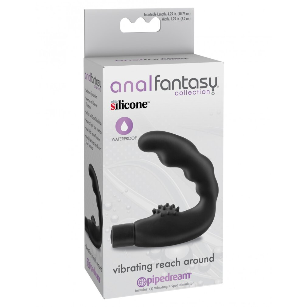 Schwarzer Vibrator in einer Box mit Text und Logo.