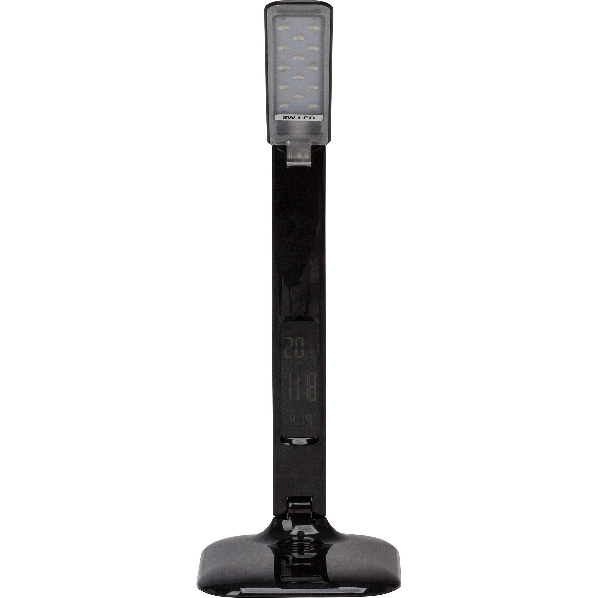 Lampada da scrivania a LED nera con display digitale e comandi touch.