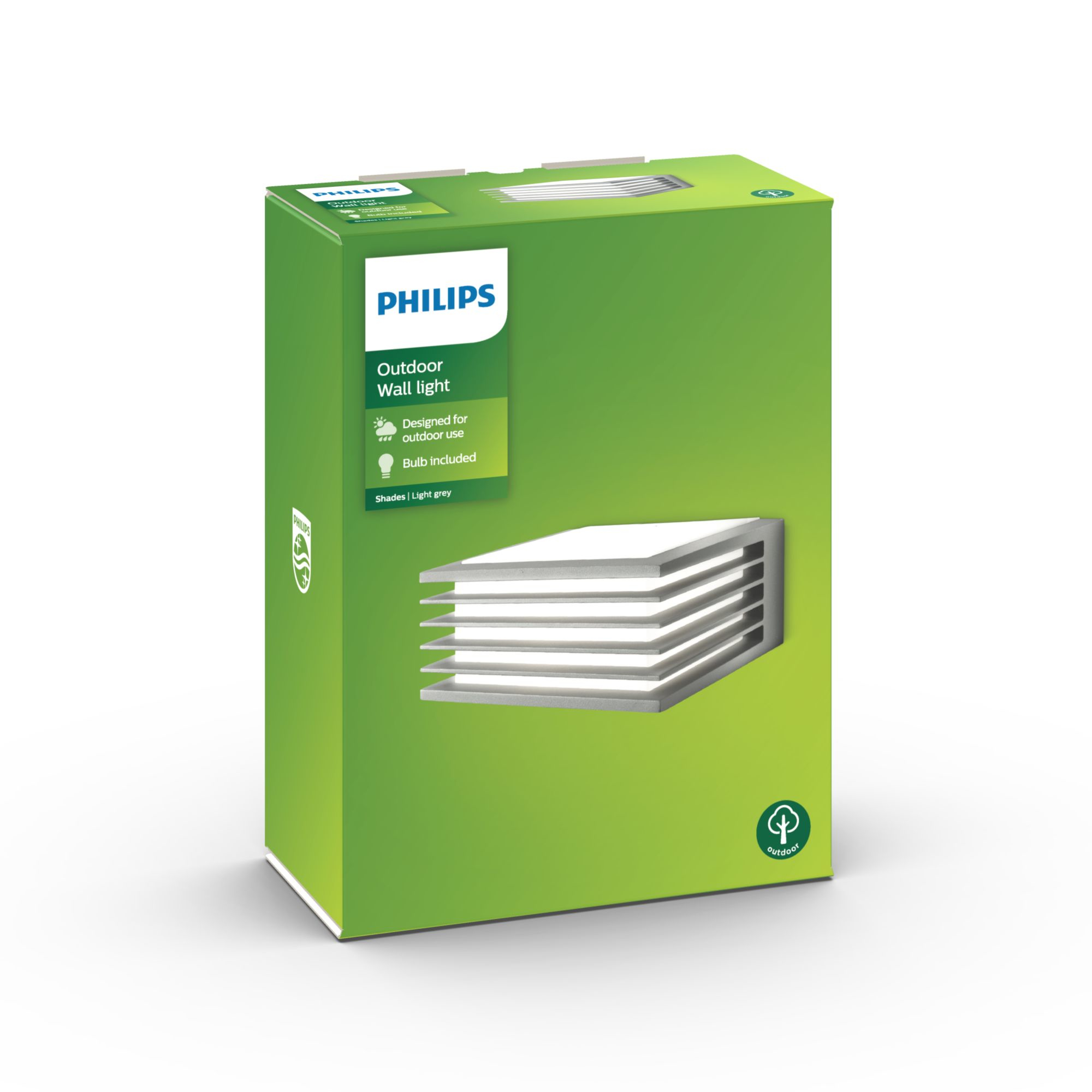 Eine grüne Box mit einer Philips Außenwandleuchte. Die Box steht auf einer weißen Oberfläche.