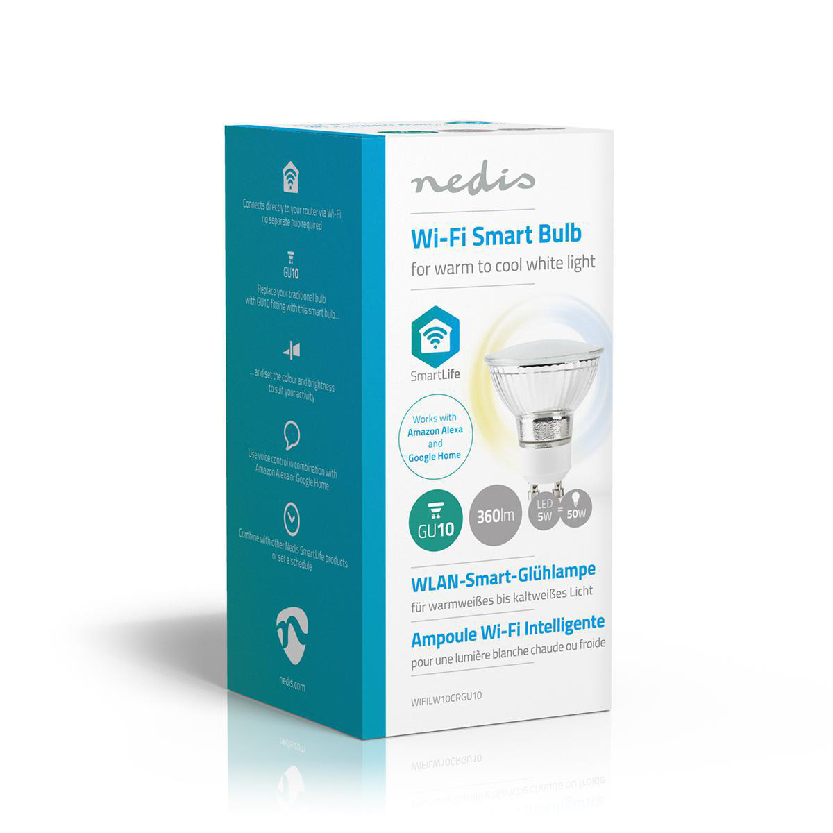 Białe pudełko z ilustracją inteligentnej żarówki i tekstem o integracji smart home.