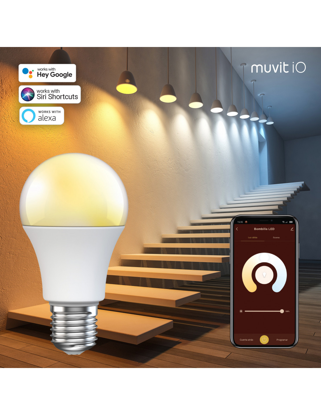 Inteligentna żarówka LED z białą obudową i żółtą poświatą. Pokazuje interfejs aplikacji z kontrolą światła.