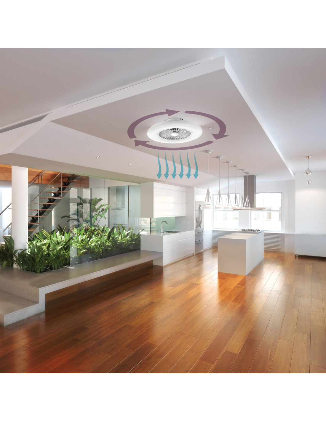 Nowoczesne wnętrze z wentylatorem sufitowym, drewnianą podłogą, roślinami i schodami. Biała kuchnia z wyspą.