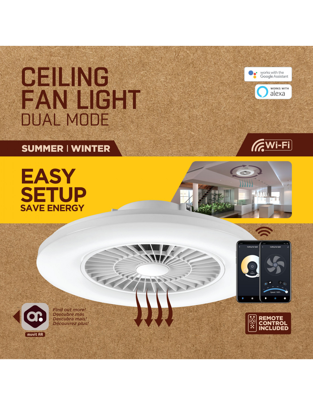 Wentylator sufitowy z oświetleniem, tryb podwójny, opcje lato i zima, łatwa konfiguracja, pilot w zestawie.