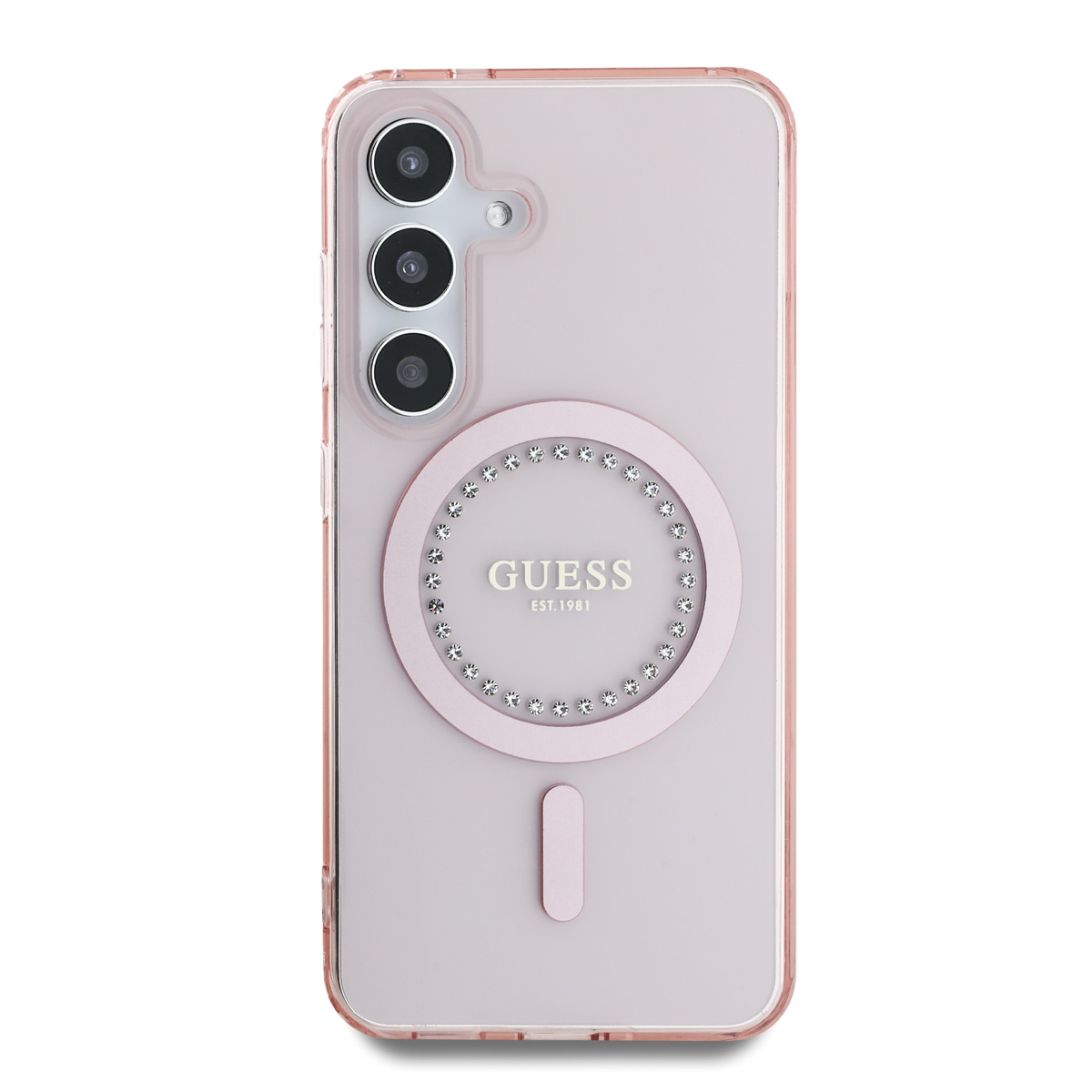 Una custodia rosa per telefono con logo Guess e bordo trasparente.