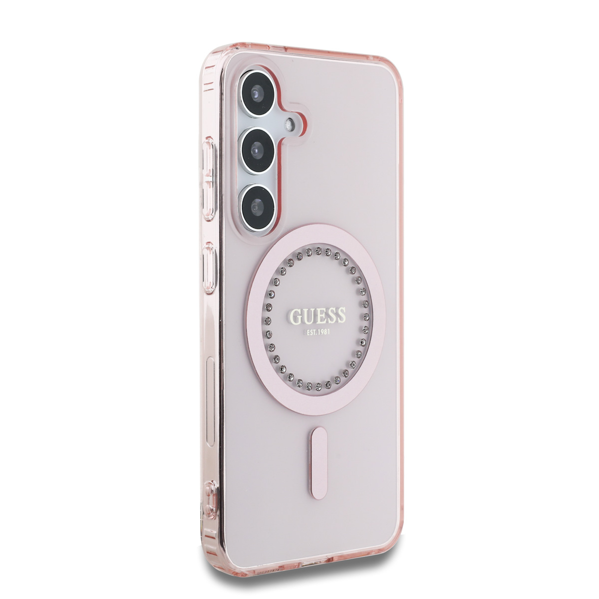 Custodia rosa con fori fotocamera e logo Guess. Rosa con anello e striscia rosa.