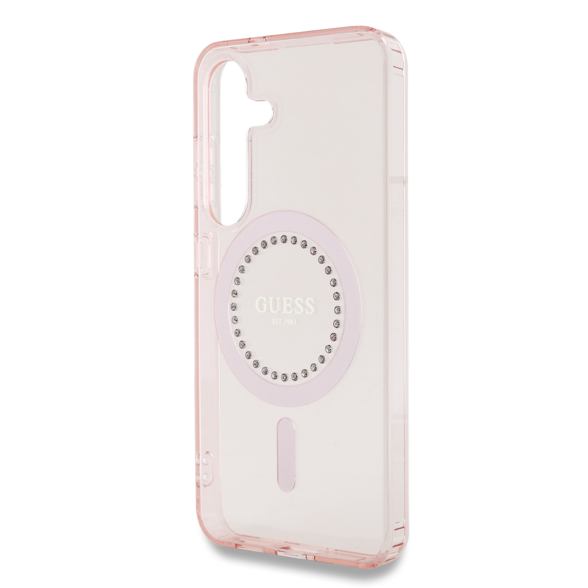 Custodia rosa con foro fotocamera e logo Guess. Rosa con anello e striscia rosa.