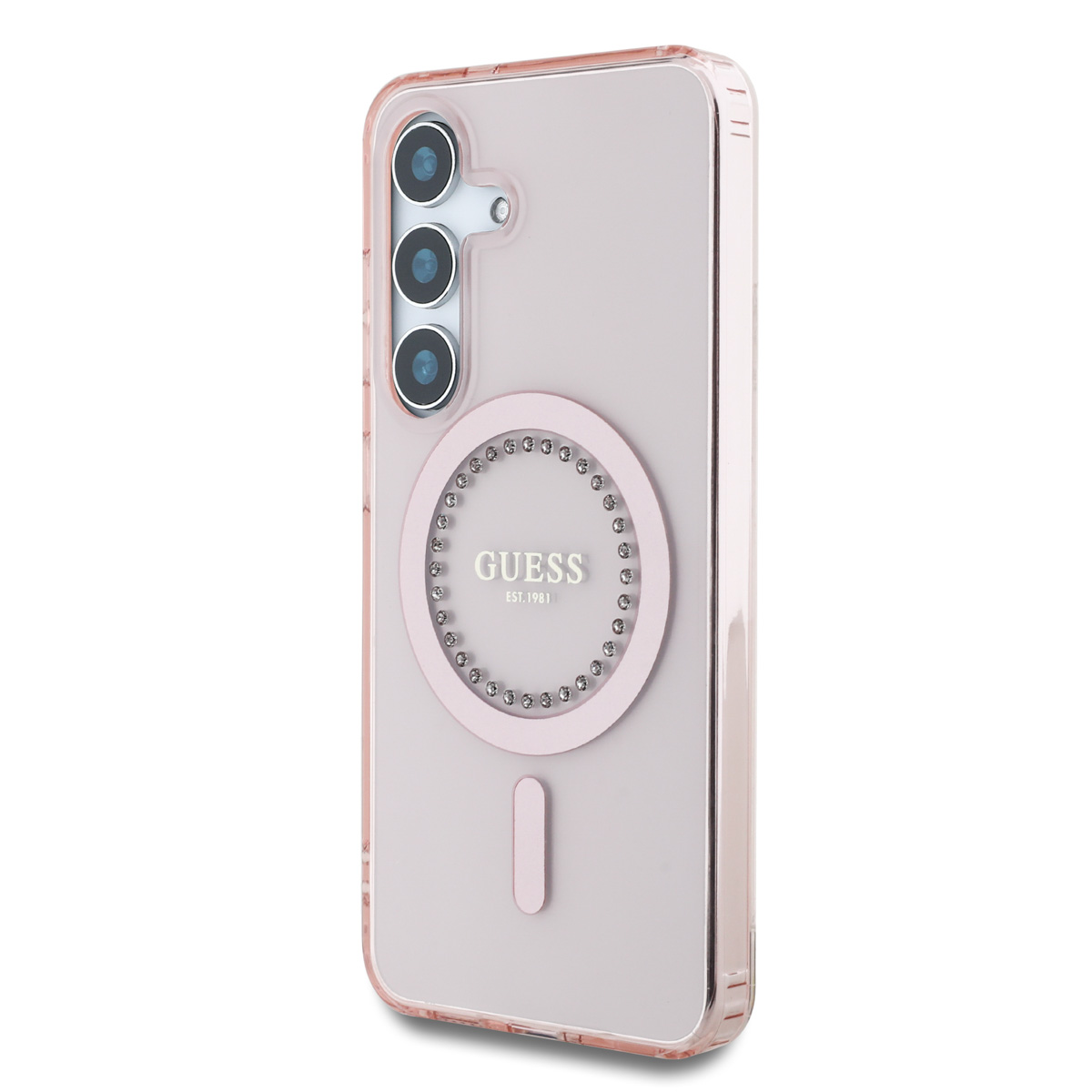 Custodia rosa con fori fotocamera e logo Guess. Rosa con anello e striscia rosa.