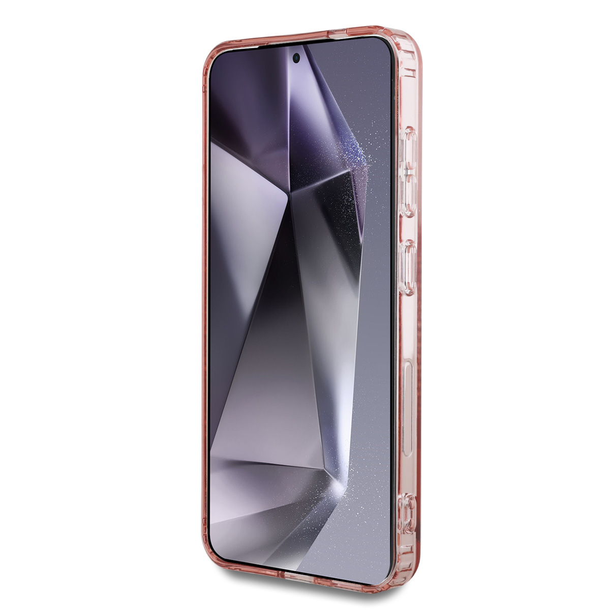 Un telefono in una custodia rosa con uno schermo che mostra un design geometrico.
