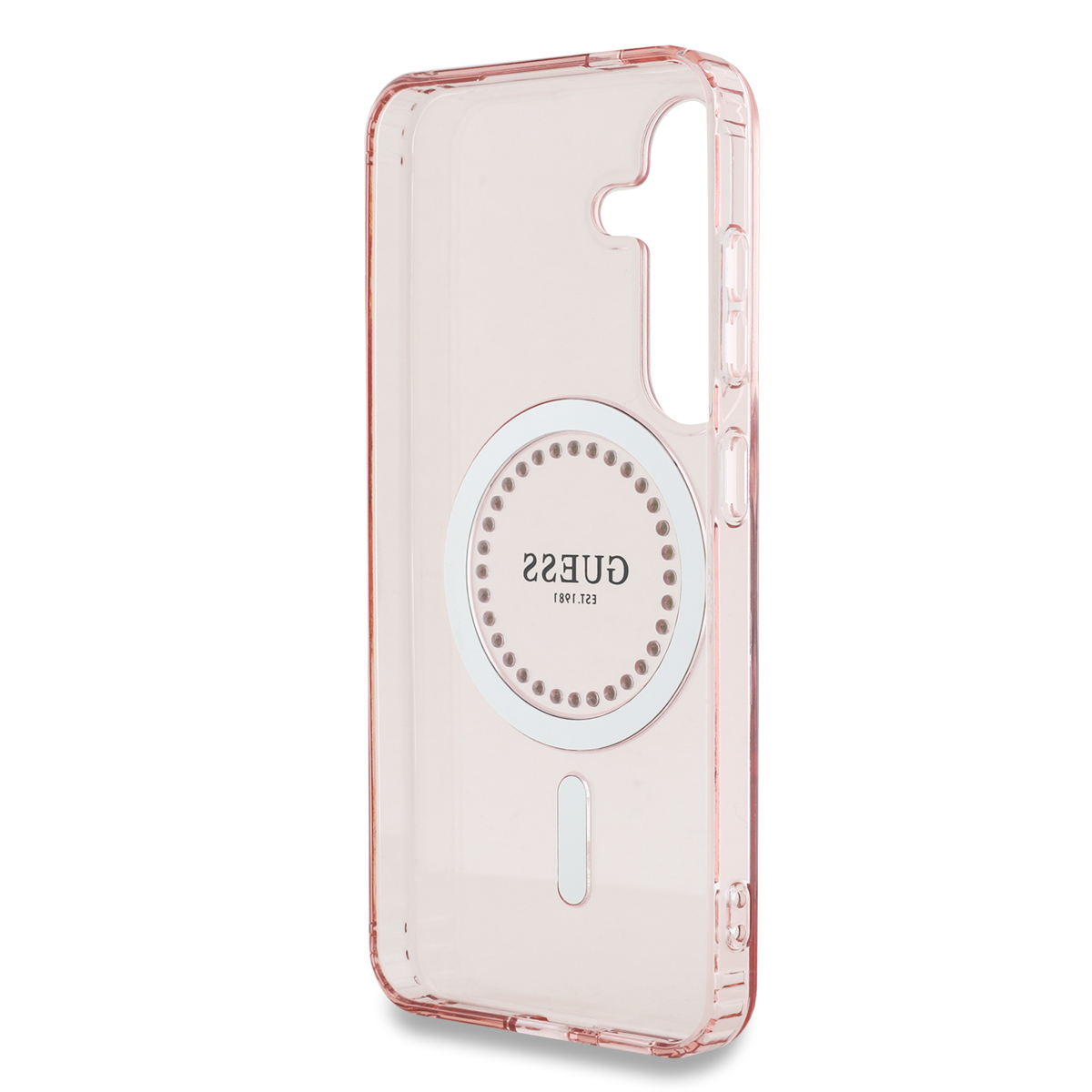 Custodia rosa con logo Guess. Rosa con anello e striscia bianchi.