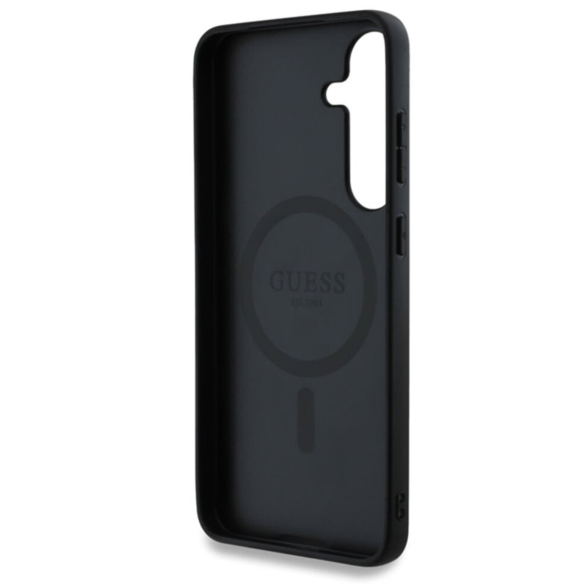 Eine offene schwarze Handyhülle mit dem Guess-Logo.