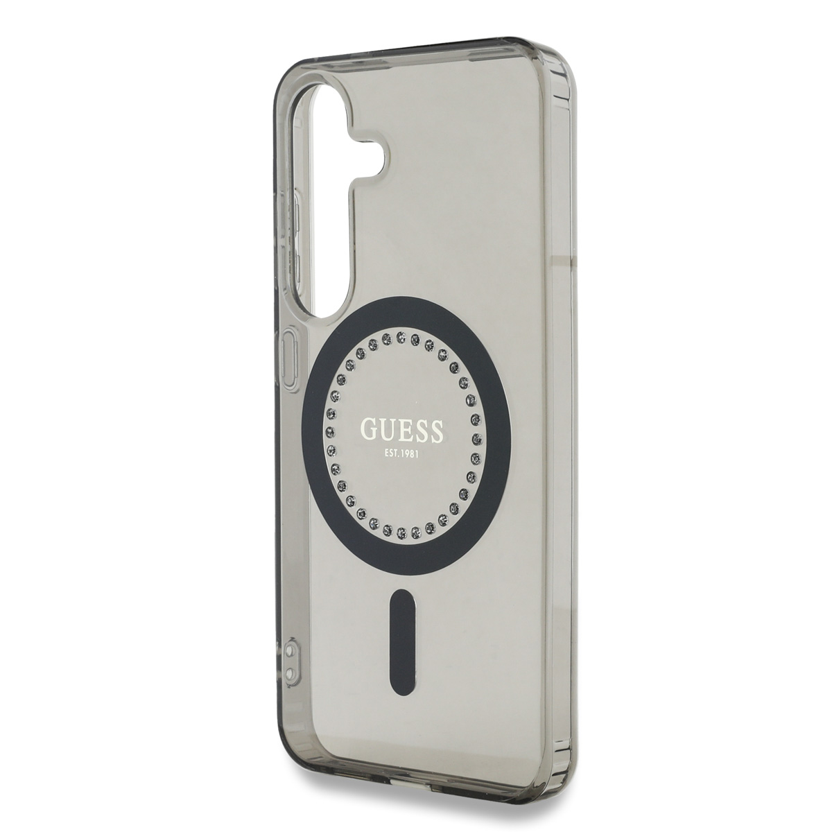 Etui na telefon z czarnym okrągłym wzorem i logo Guess.
