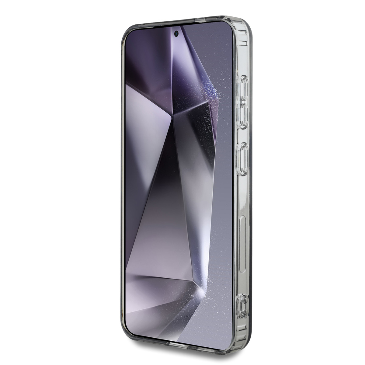 Przezroczyste etui z telefonem w środku. Ekran telefonu ma geometryczny wzór.