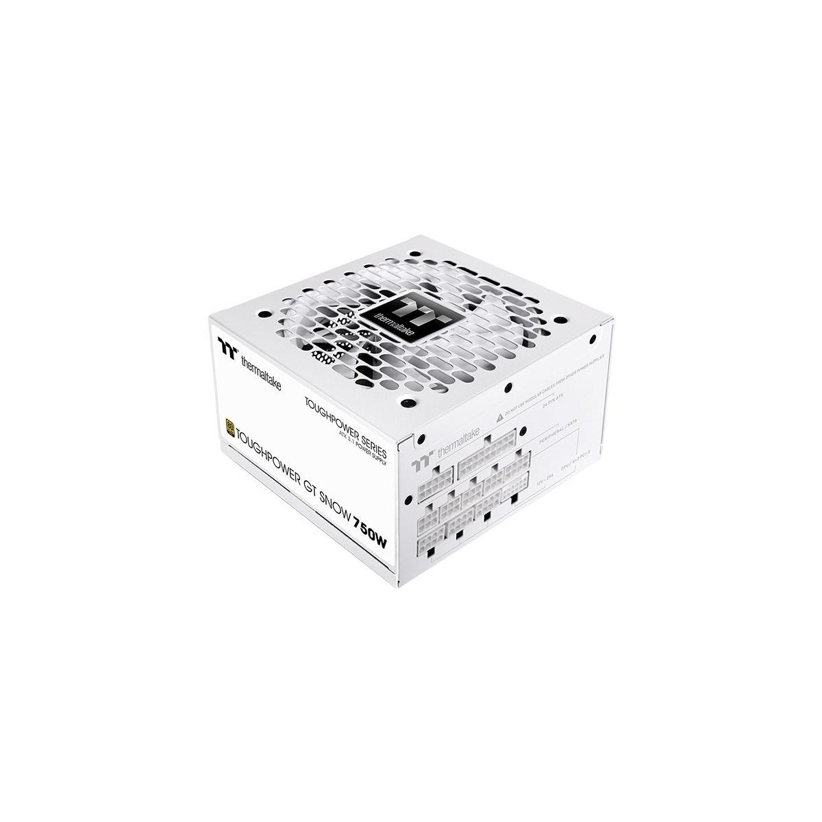 Biały zasilacz z czarnym wzorem kratki i logo Thermaltake.