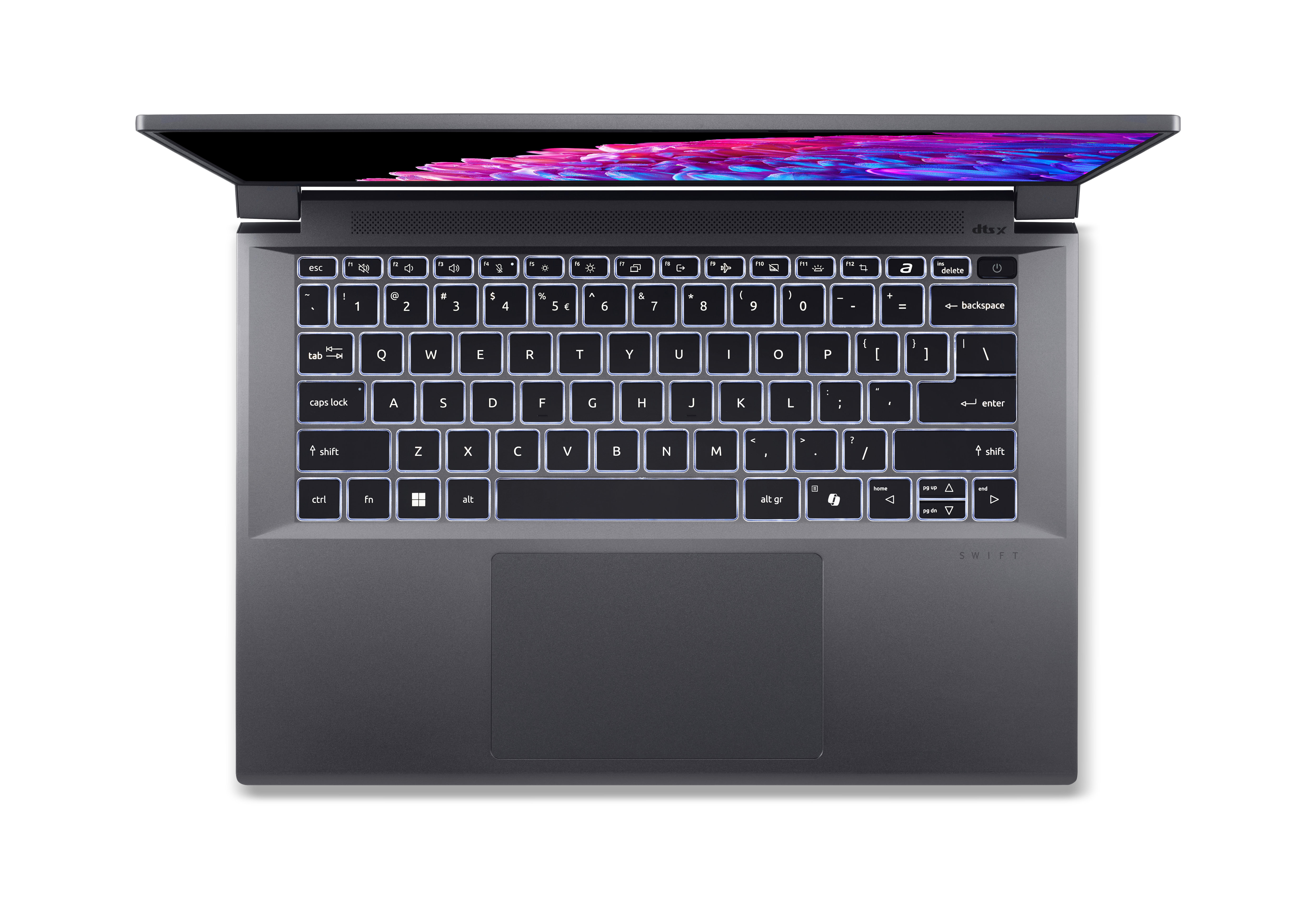 Widok z góry na ciemnoszary laptop. Podświetlana klawiatura, otwarty ekran.