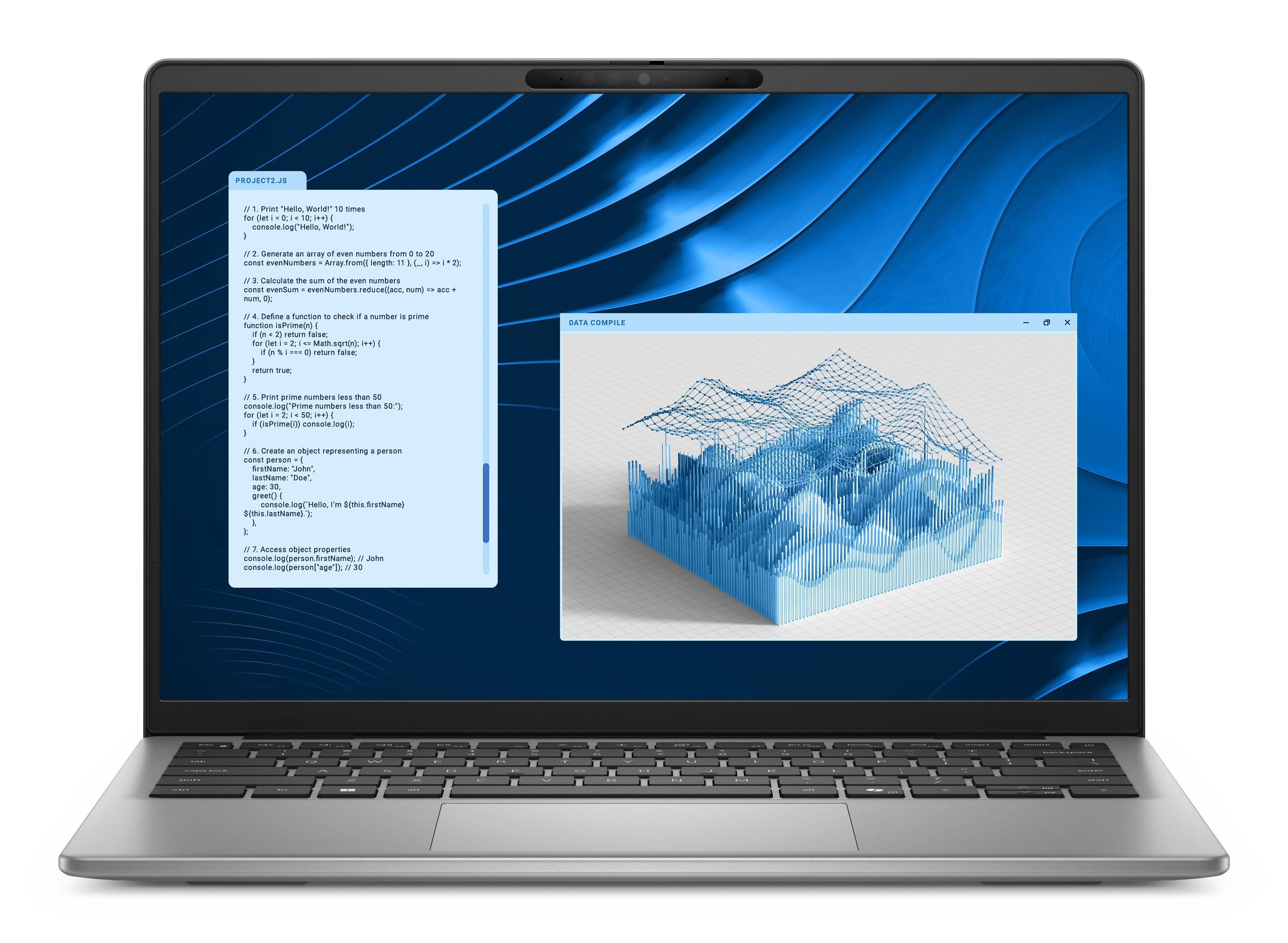 Laptop toont code in een witte popup en een datavisualisatie. Blauwe achtergrond is zichtbaar.